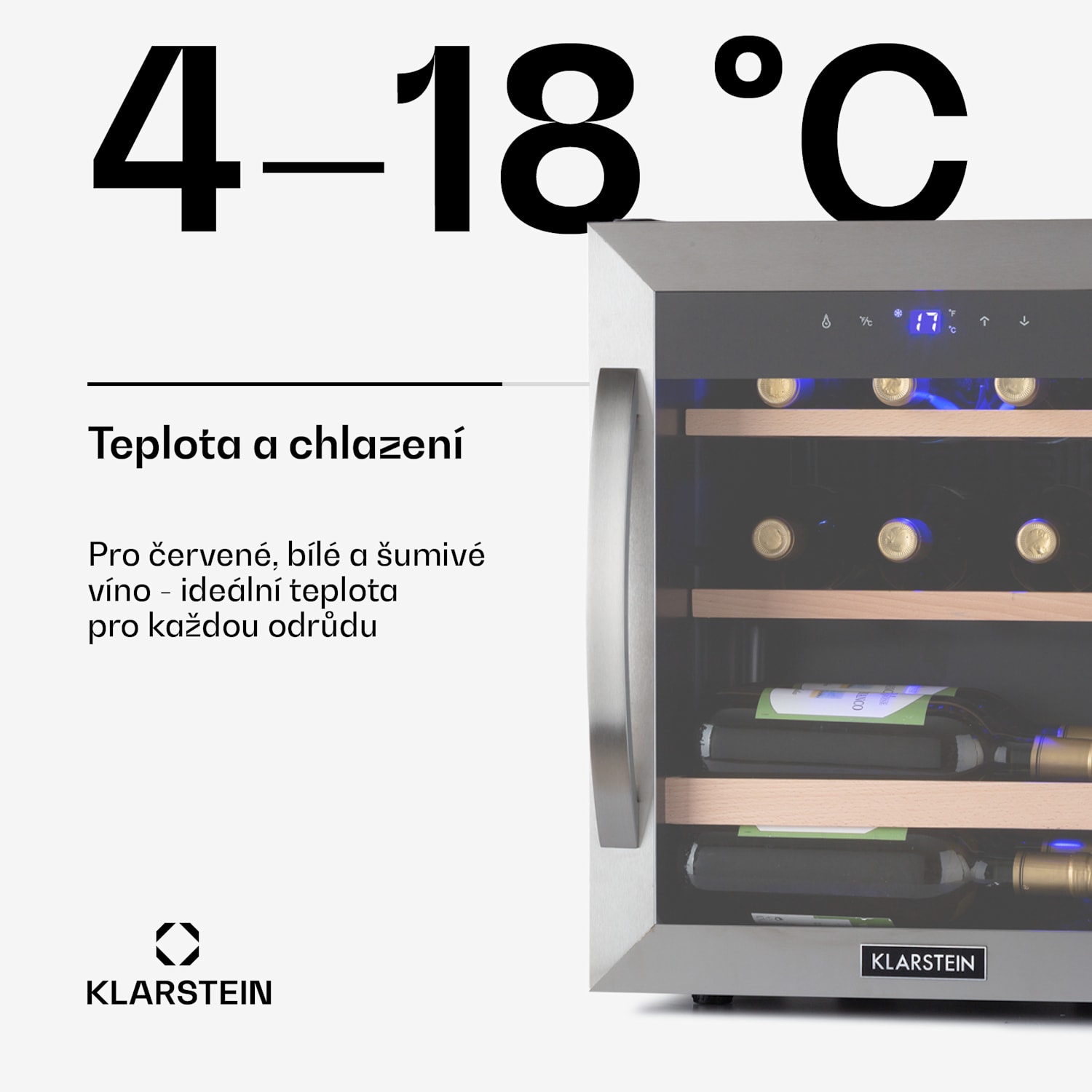 Vinetage 12 Uno, vinotéka, 46 l, 12 lahví, 4-18°C, 40 dB, sklo 12 lahví | 1 chladící zóna | Stříbrná