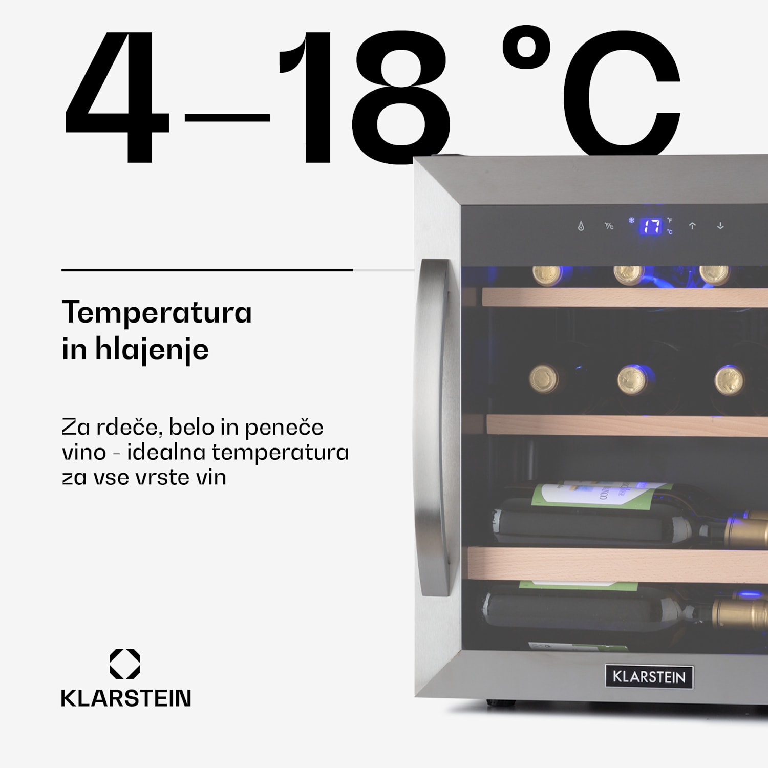 Vinetage 12 Uno, hladilnik za vino, 12 stekl., 46 l, 4 – 18°C, 40 dB, steklo 12 steklenic | 1 | Srebrna