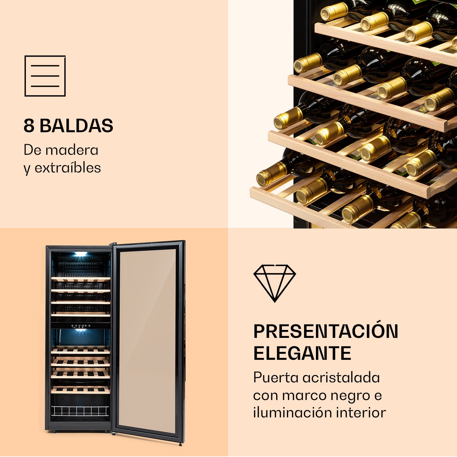 Barossa 54 Vinoteca, 2 zonas, 148 litros, 54 botellas, pantalla táctil, negro 