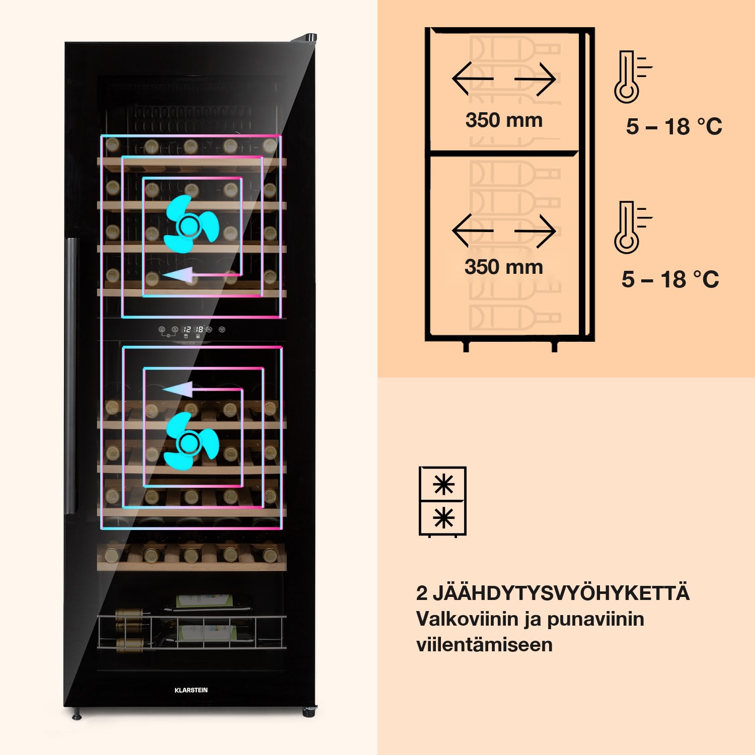 Vinamour 54 Duo viinijääkaappi 2 vyöhykettä 148 litraa 54 pulloa kosketusnäyttö musta 