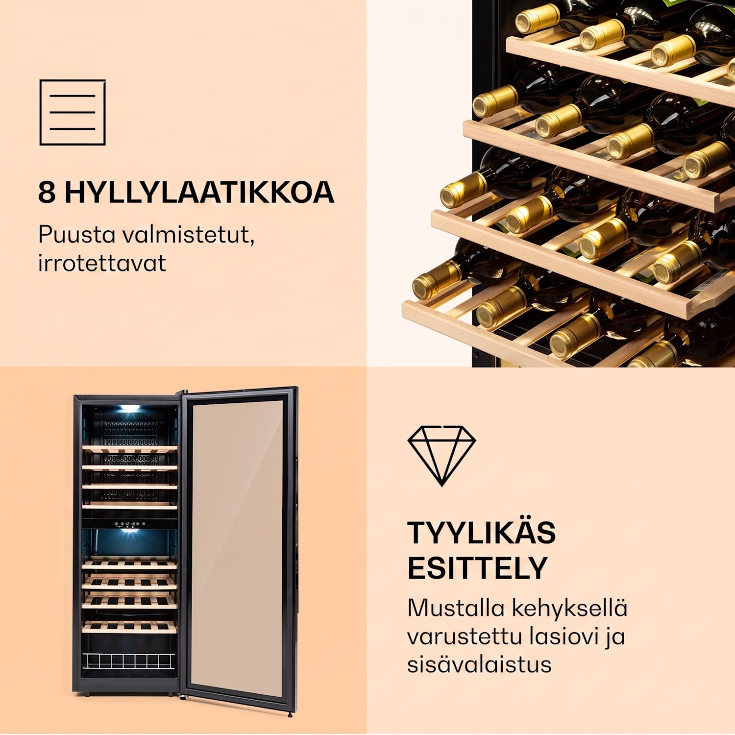 Vinamour 54 Duo viinijääkaappi 2 vyöhykettä 148 litraa 54 pulloa kosketusnäyttö musta 