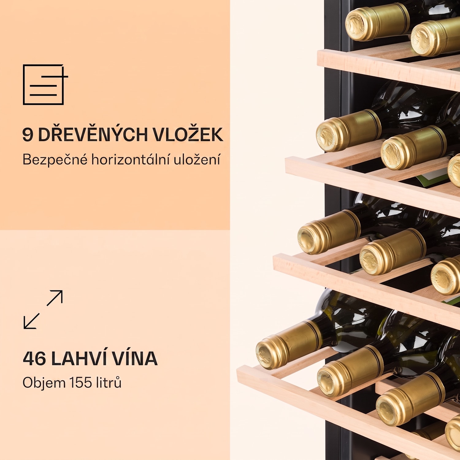Vinamour 46 Uno, vinotéka, 155 l/46 lahví, 1 zóna, 4-18 °C, nerezová ocel 46 lahví | 1 chladící zóna | Nerezová ocel