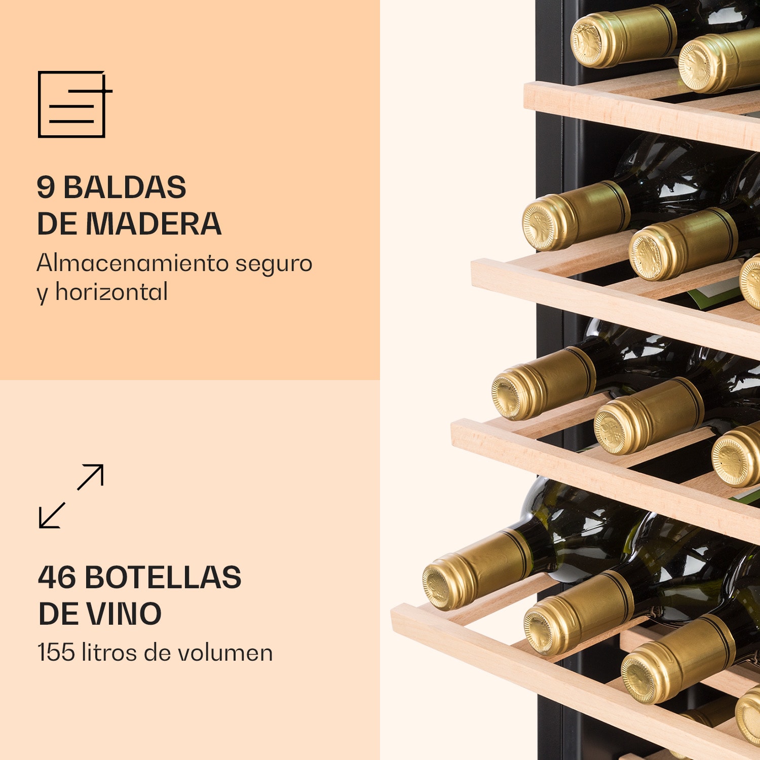 Vinamour 46 Uno nevera para vinos, 1 zona, 155 L/46 botellas, 4-18 °C, acero inoxidable 46 botellas | 1 zona de refrigeración | Acero Inoxidable