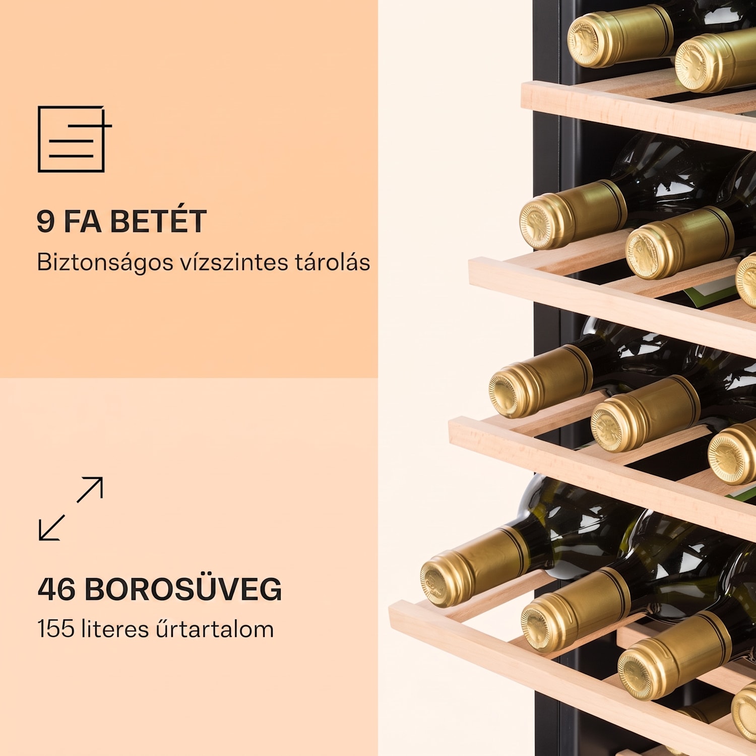 Vinamour 46 Uno, borhűtő, 155 liter, 46 palack, 4-18 °C, 1 zóna,rozsdamentes acél 46 palack | 1 hűtőzóna | Rozsdamentes acél