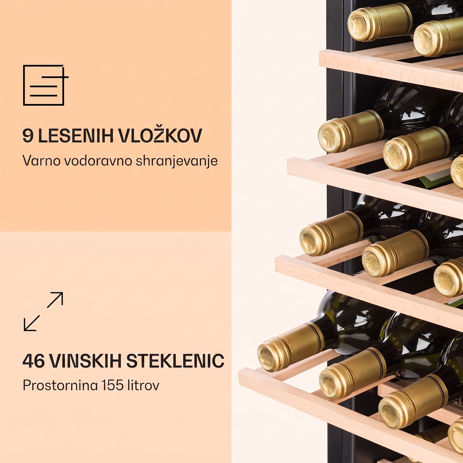 Vinamour 46 Uno, vinoteka, 1 cona, 155 l/46 st., 4-18 °C, nerjaveče jeklo 46 steklenic | 1 | Nerjaveče jeklo