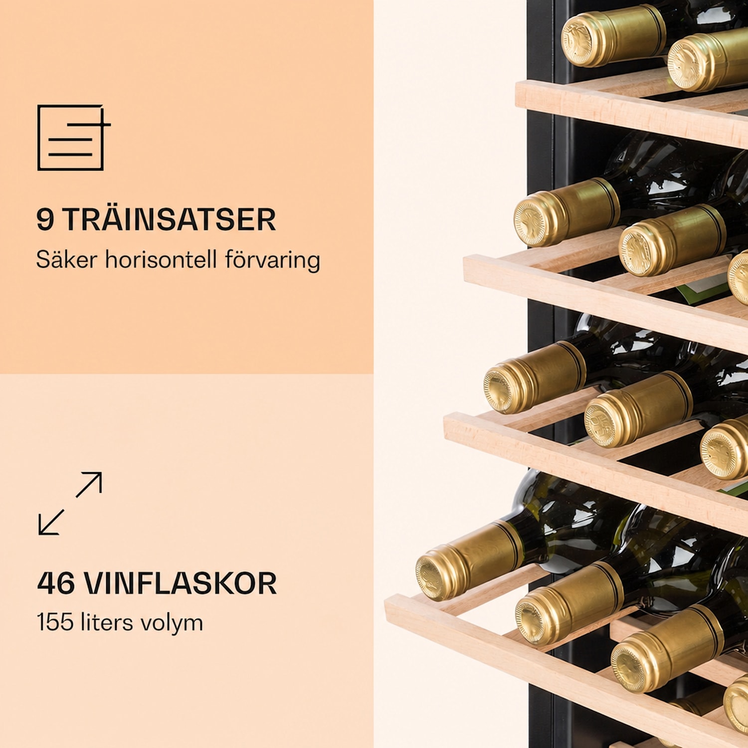 Vinamour 46 Uno vinkylskåp 1 zon 155 L/46 fl. 4-18 °C rostfritt stål 46 flaskor | 1 kylzon | Rostfritt Stål