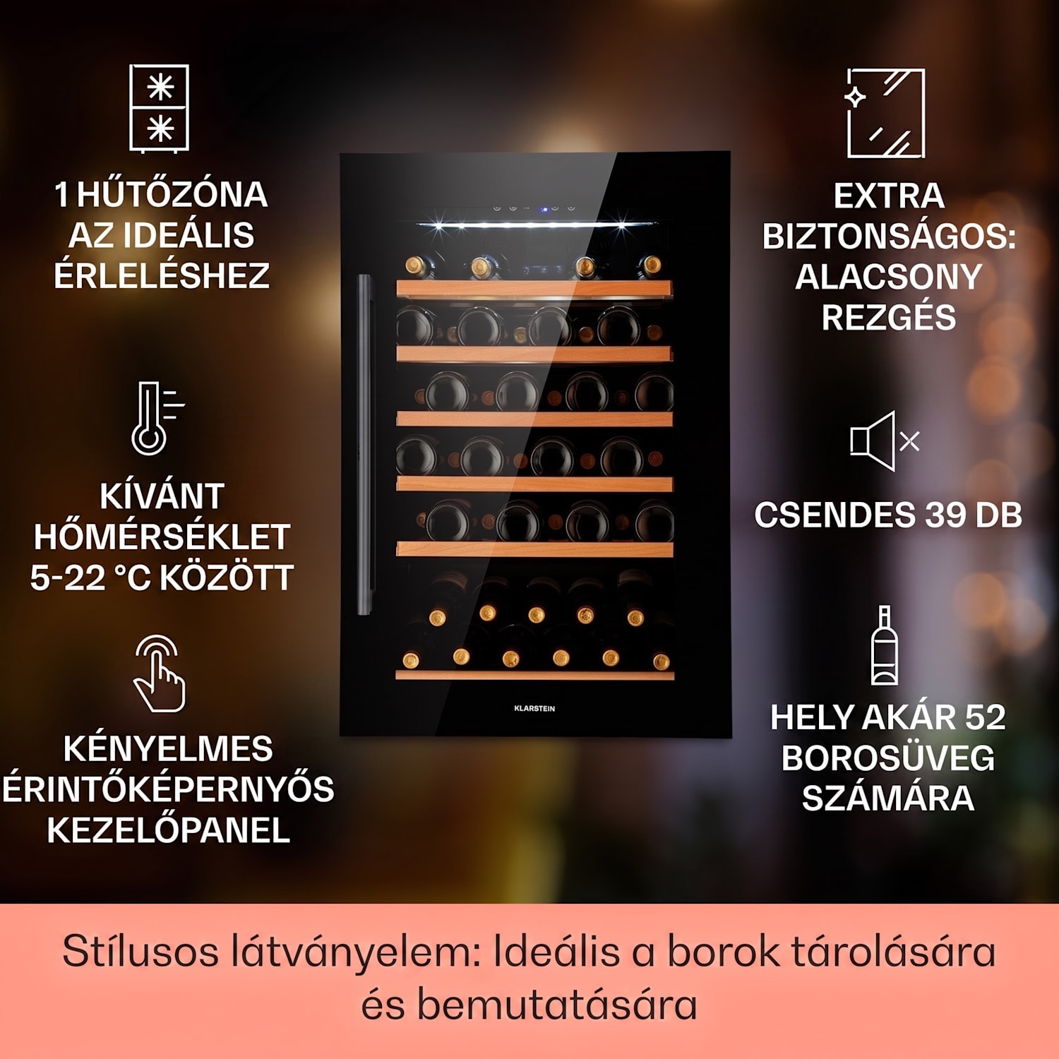 Vinsider 52 Built-In Uno, beépített borhűtő, 137 liter, 52 palack, rozsdamentes acél 52 palack | 1 hűtőzóna | Fekete
