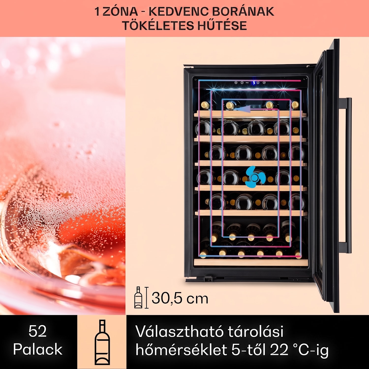 Vinsider 52 Built-In Uno, beépített borhűtő, 137 liter, 52 palack, rozsdamentes acél 52 palack | 1 hűtőzóna | Fekete