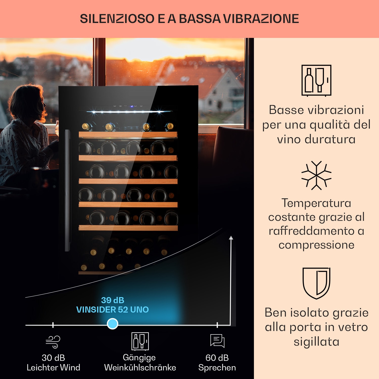 Vinsider 52 Built-In Uno frigorifero per vini da incasso, 52 bottiglie, 137 litri, acciaio inox  52 bottiglie | 1 zona di raffreddamento | Nero