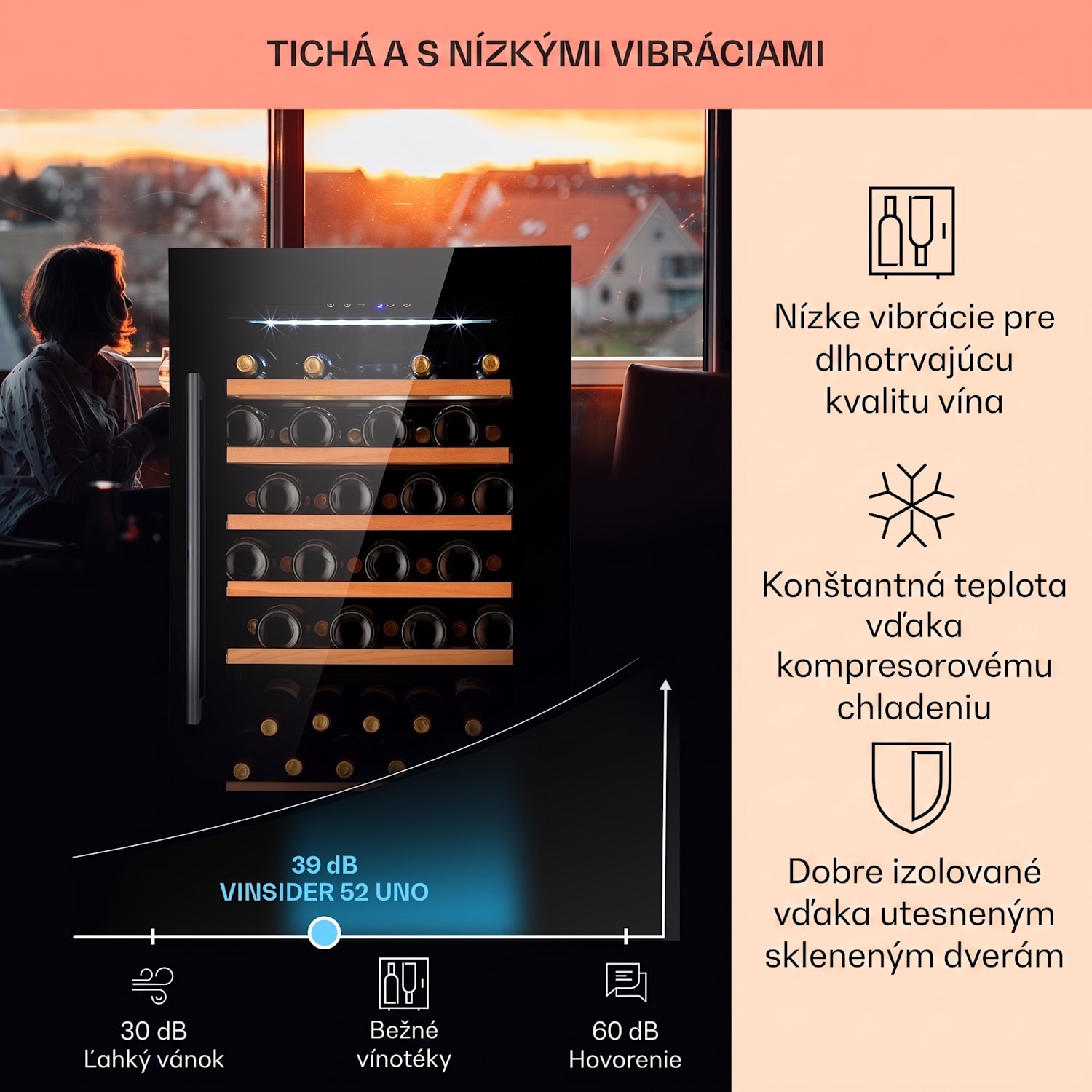 Vinsider 52 Built-In Uno, vstavaná vinotéka, 137 l, 52 fliaš, nehrdzavejúca oceľ 52 fliaš | 1 chladiaca zóna | Čierna
