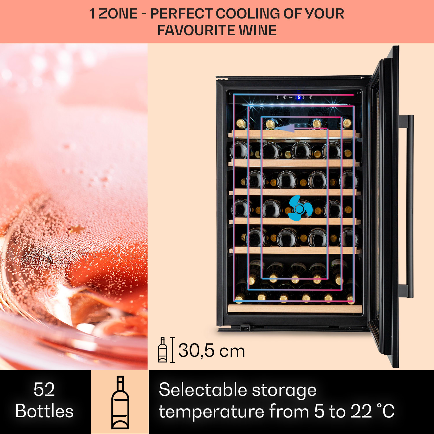 Vinsider 52 Built-In Uno, beépített borhűtő, 137 liter, 52 palack, rozsdamentes acél 52 palack | 1 hűtőzóna | Fekete