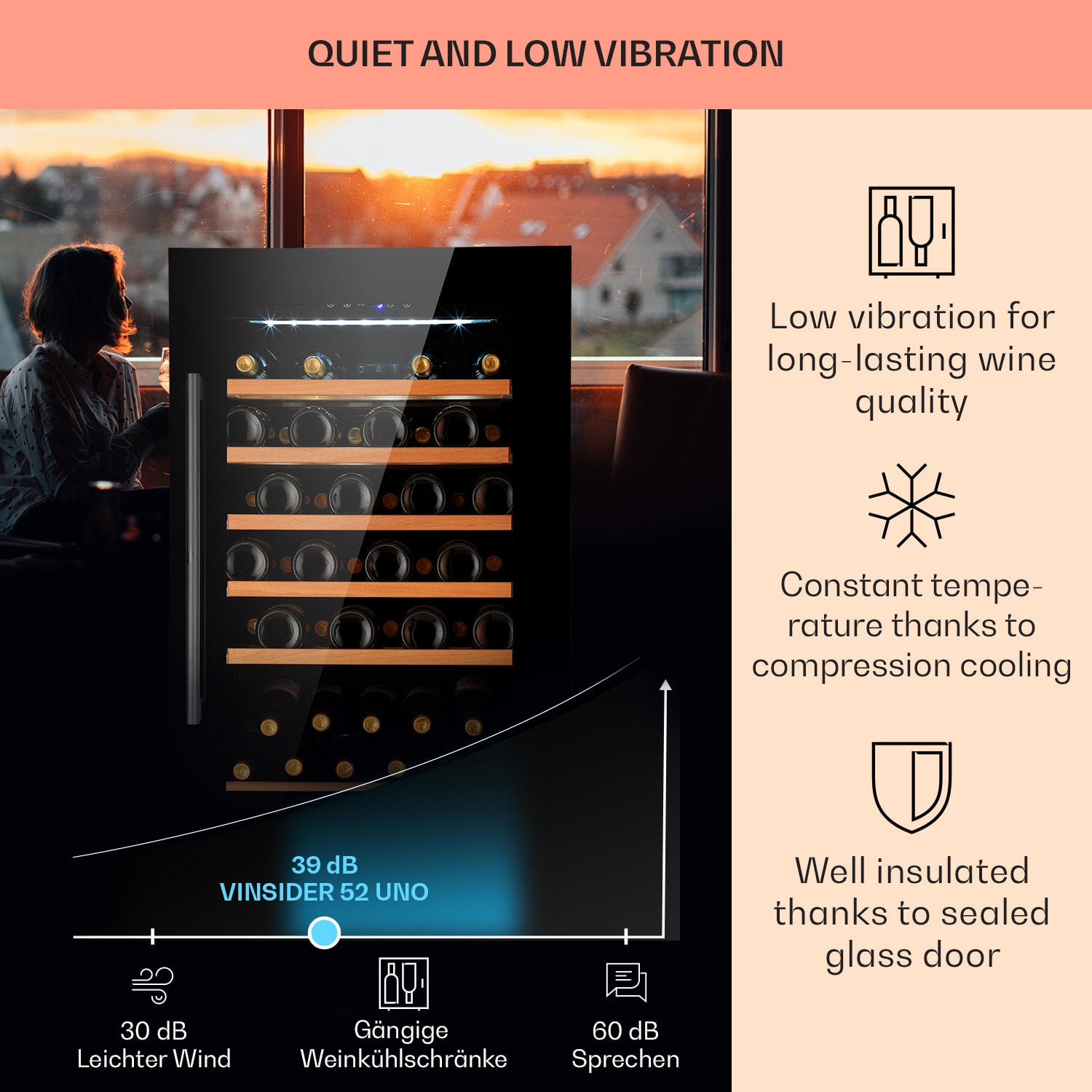 Vinsider 52 Built-In Uno, beépített borhűtő, 137 liter, 52 palack, rozsdamentes acél 52 palack | 1 hűtőzóna | Fekete