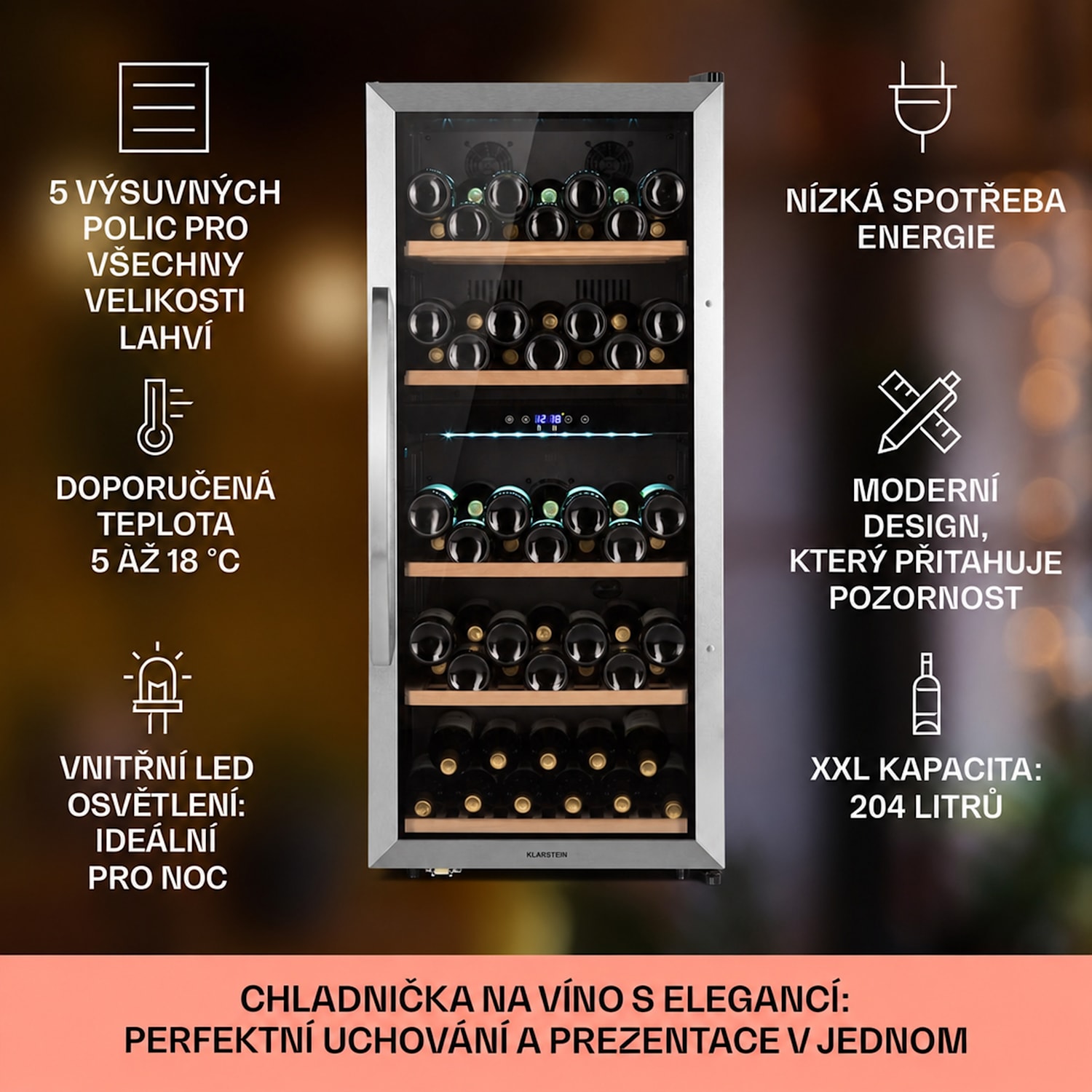 Vinamour 66 Duo, vinotéka, 204 l/79 lahví, 2 zóny, 5-18 °C, dotykové ovládání 66 lahví | 2 chladicí zóny | Nerezová ocel