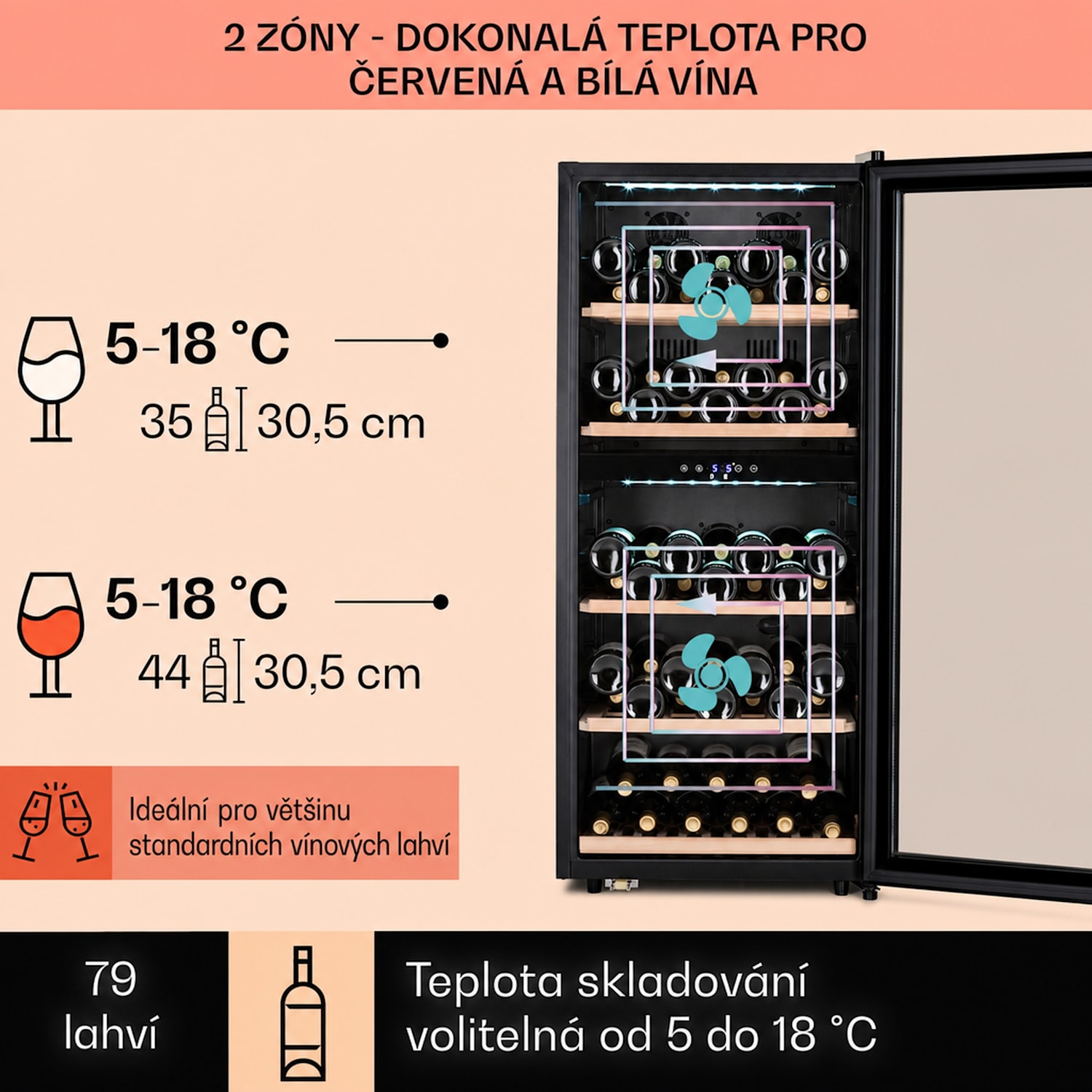 Vinamour 66 Duo, vinotéka, 204 l/79 lahví, 2 zóny, 5-18 °C, dotykové ovládání 66 lahví | 2 chladicí zóny | Nerezová ocel