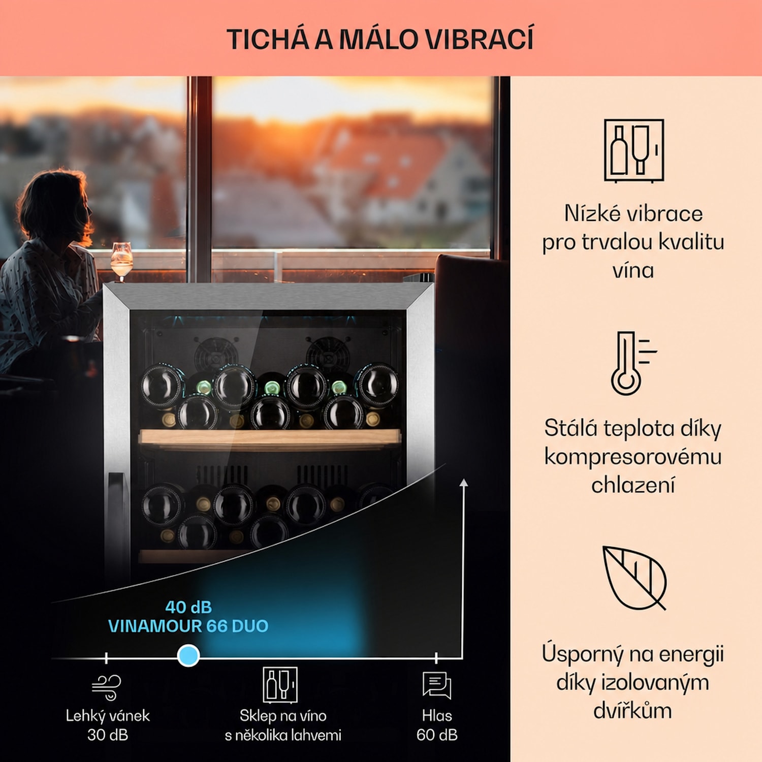Vinamour 66 Duo, vinotéka, 204 l/79 lahví, 2 zóny, 5-18 °C, dotykové ovládání 66 lahví | 2 chladicí zóny | Nerezová ocel