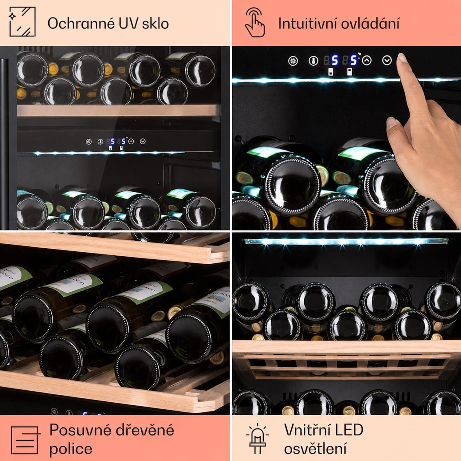 Vinamour 66 Duo, vinotéka, 204 l/79 lahví, 2 zóny, 5-18 °C, dotykové ovládání 66 lahví | 2 chladicí zóny | Nerezová ocel