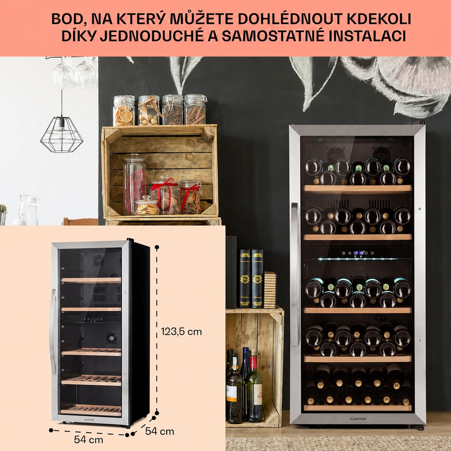 Vinamour 66 Duo, vinotéka, 204 l/79 lahví, 2 zóny, 5-18 °C, dotykové ovládání 66 lahví | 2 chladicí zóny | Nerezová ocel
