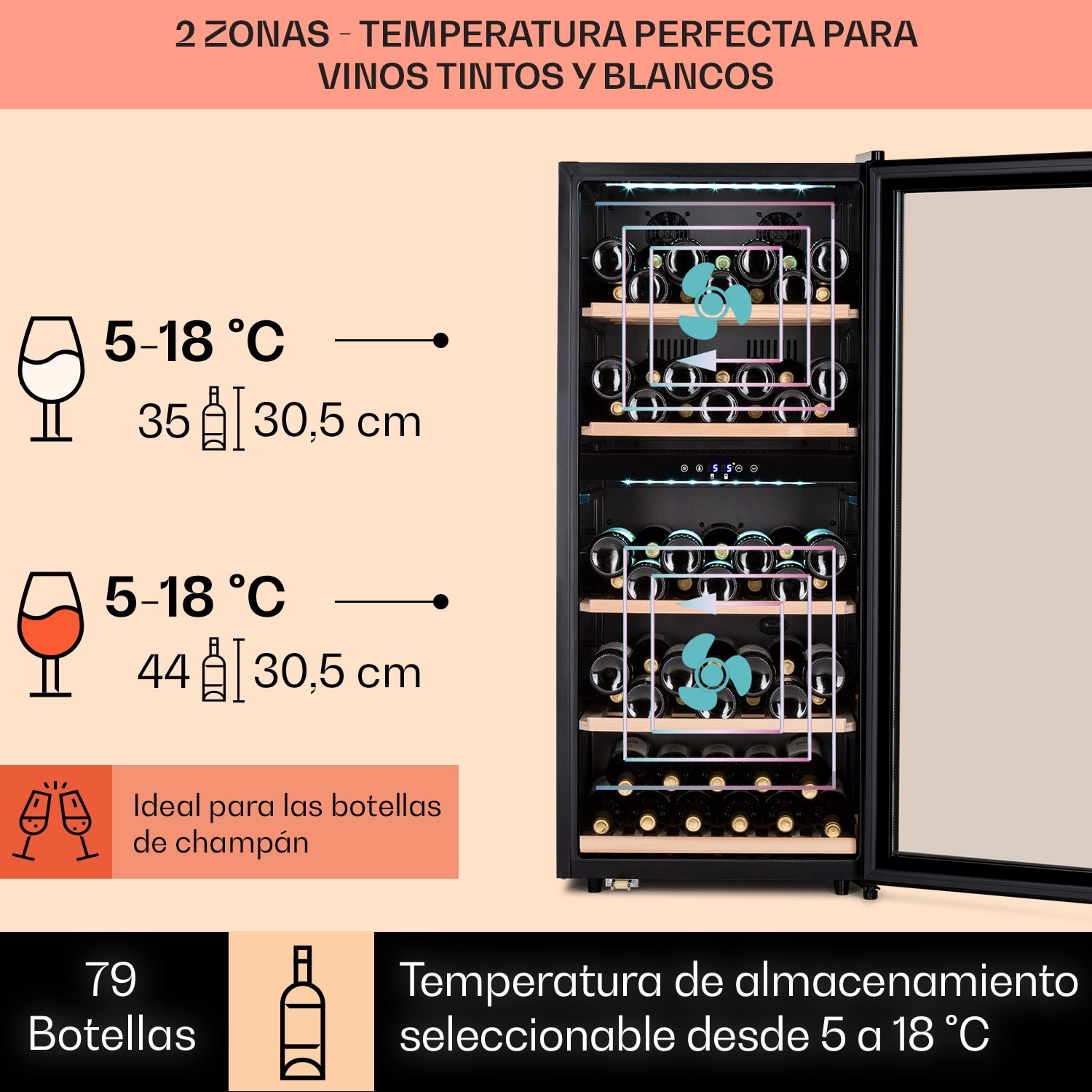 Vinamour 66 Duo nevera para vinos 2 zonas 204 L / 79 botellas 5-18°C Touch 66 botellas | 2 zonas de refrigeración | Acero Inoxidable