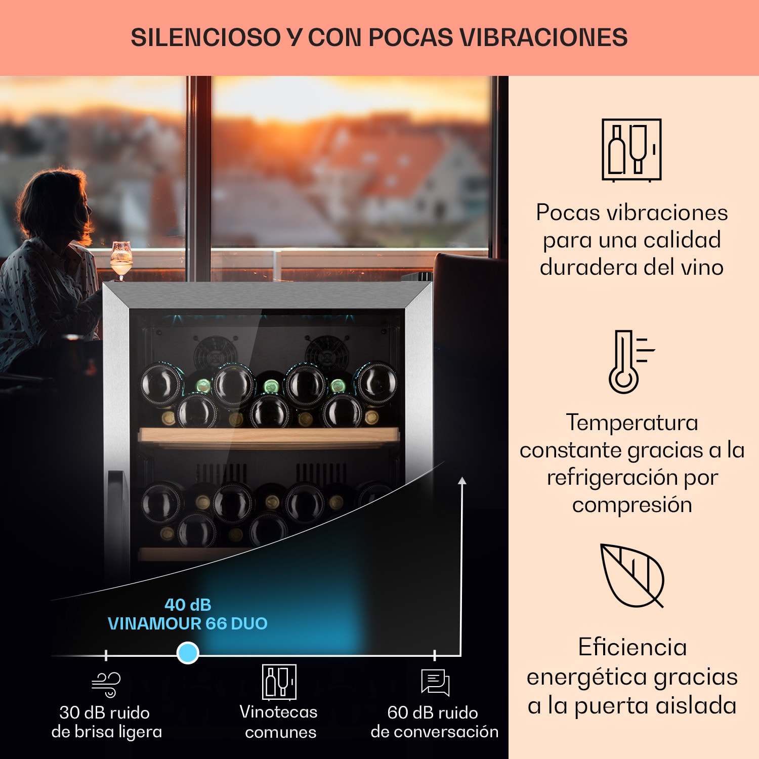 Vinamour 66 Duo nevera para vinos 2 zonas 204 L / 79 botellas 5-18°C Touch 66 botellas | 2 zonas de refrigeración | Acero Inoxidable