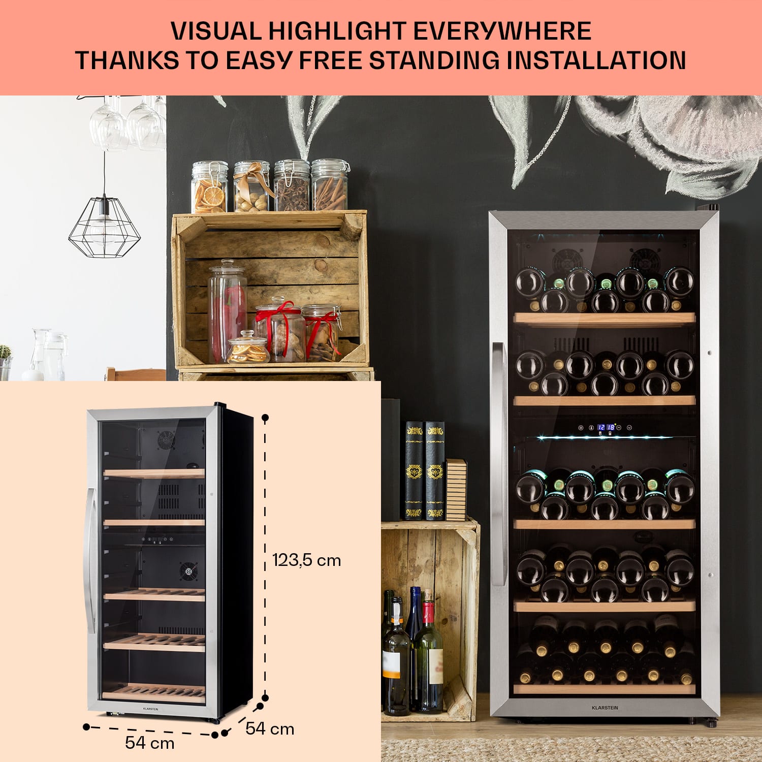 Vinamour 66 Duo, borhűtő, 204 liter, 79 palack, 5 -18 °C, 2 zóna, érintésvezérlés 66 palack | 2 hűtőzóna | Rozsdamentes acél