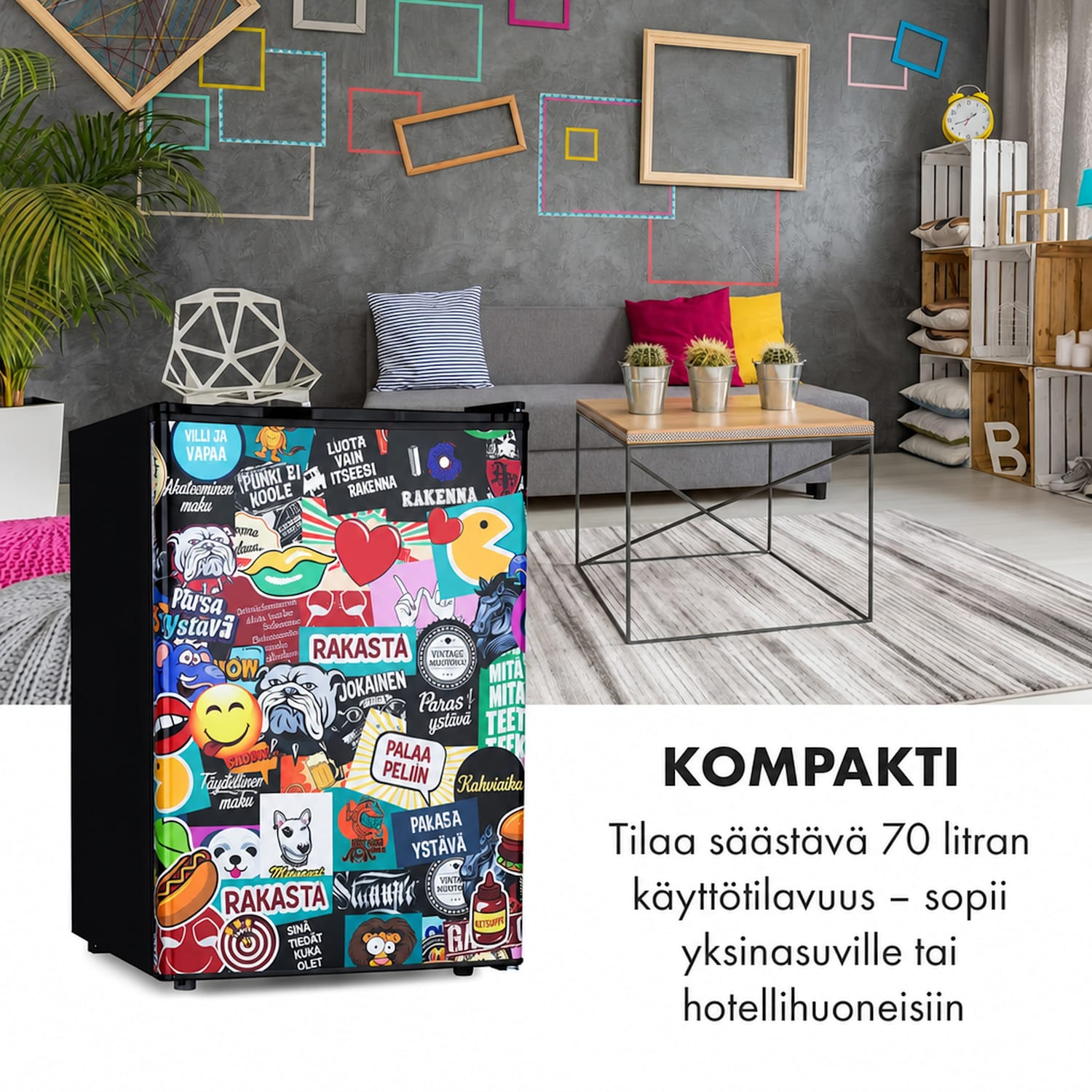 Cool Vibe 70+ -jääkaappi 72 litraa 2 hyllyä stickerbomb-tyyli 