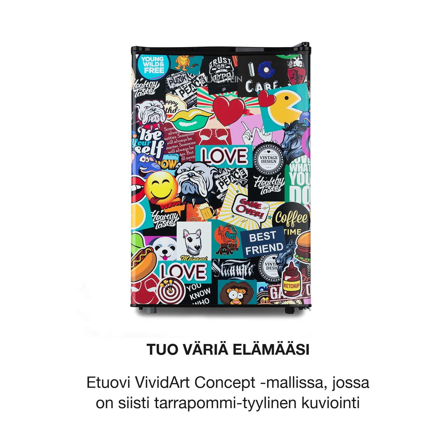 Cool Vibe 70+ -jääkaappi 72 litraa 2 hyllyä stickerbomb-tyyli 
