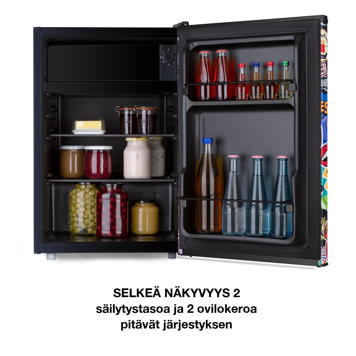 Cool Vibe 70+ -jääkaappi 72 litraa 2 hyllyä stickerbomb-tyyli 