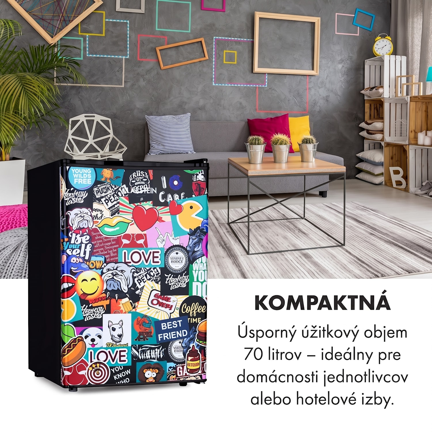 Cool Vibe 70+, chladnička, 72 l, 2 police, Stickerbomb style 