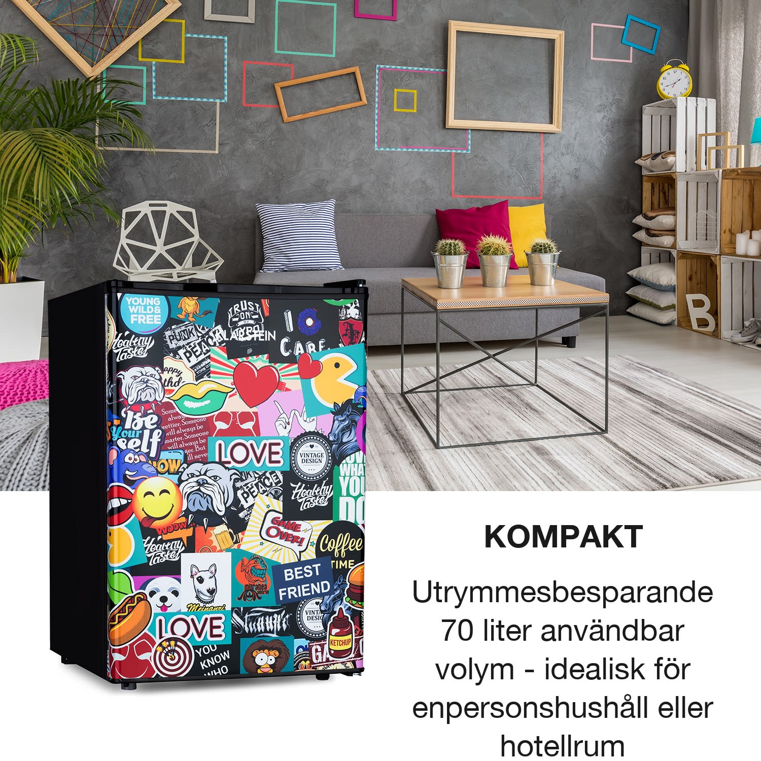 Cool Vibe 70+ kylskåp 72 liter 2 hyllor Stickerbomb-stil 