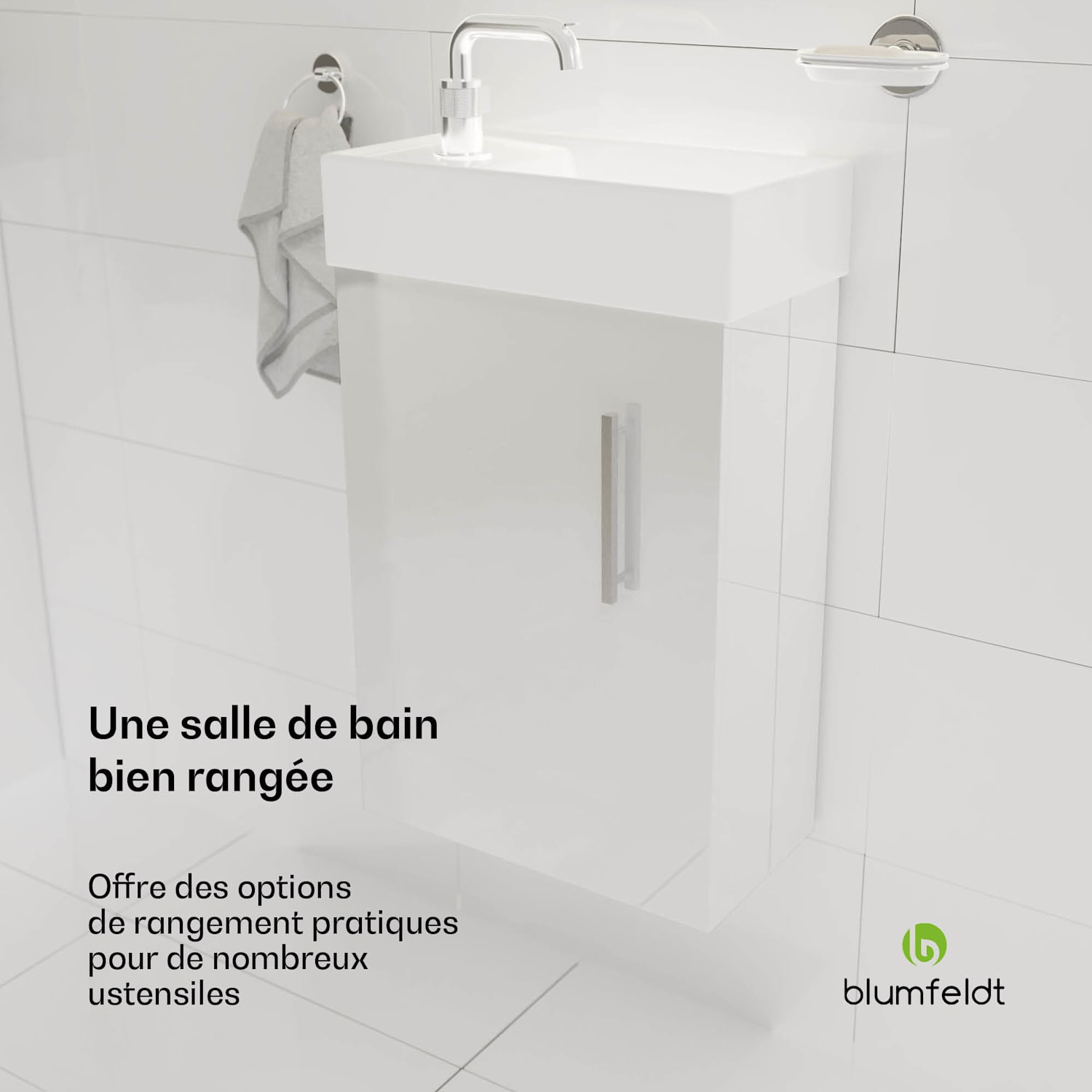 Johnstone Meuble de salle de bain lavabo meuble de salle de bain 40 cm avec lavabo en céramique fonction fermeture amortie espace de rangement brillant 40 cm | Blanc