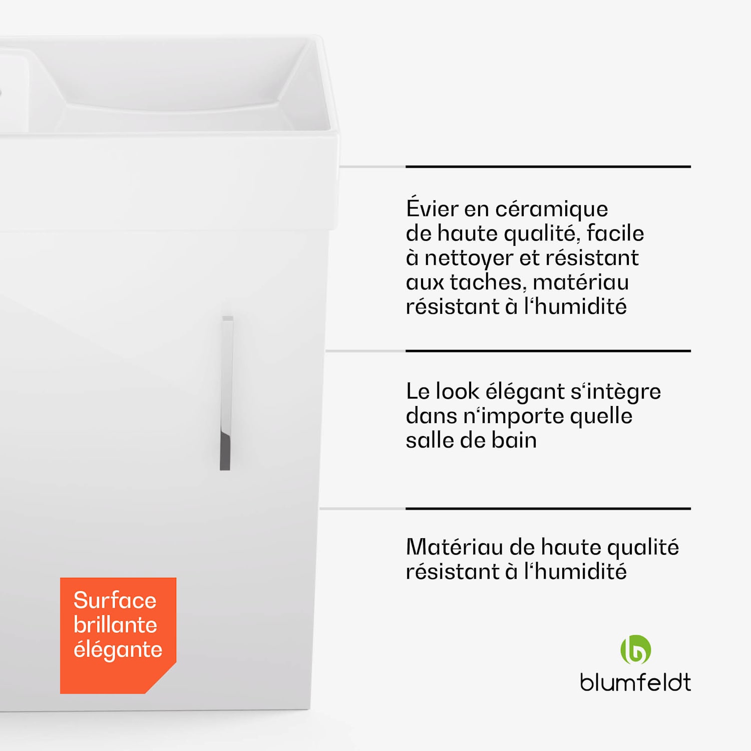 Johnstone Meuble de salle de bain lavabo meuble de salle de bain 40 cm avec lavabo en céramique fonction fermeture amortie espace de rangement brillant 40 cm | Blanc