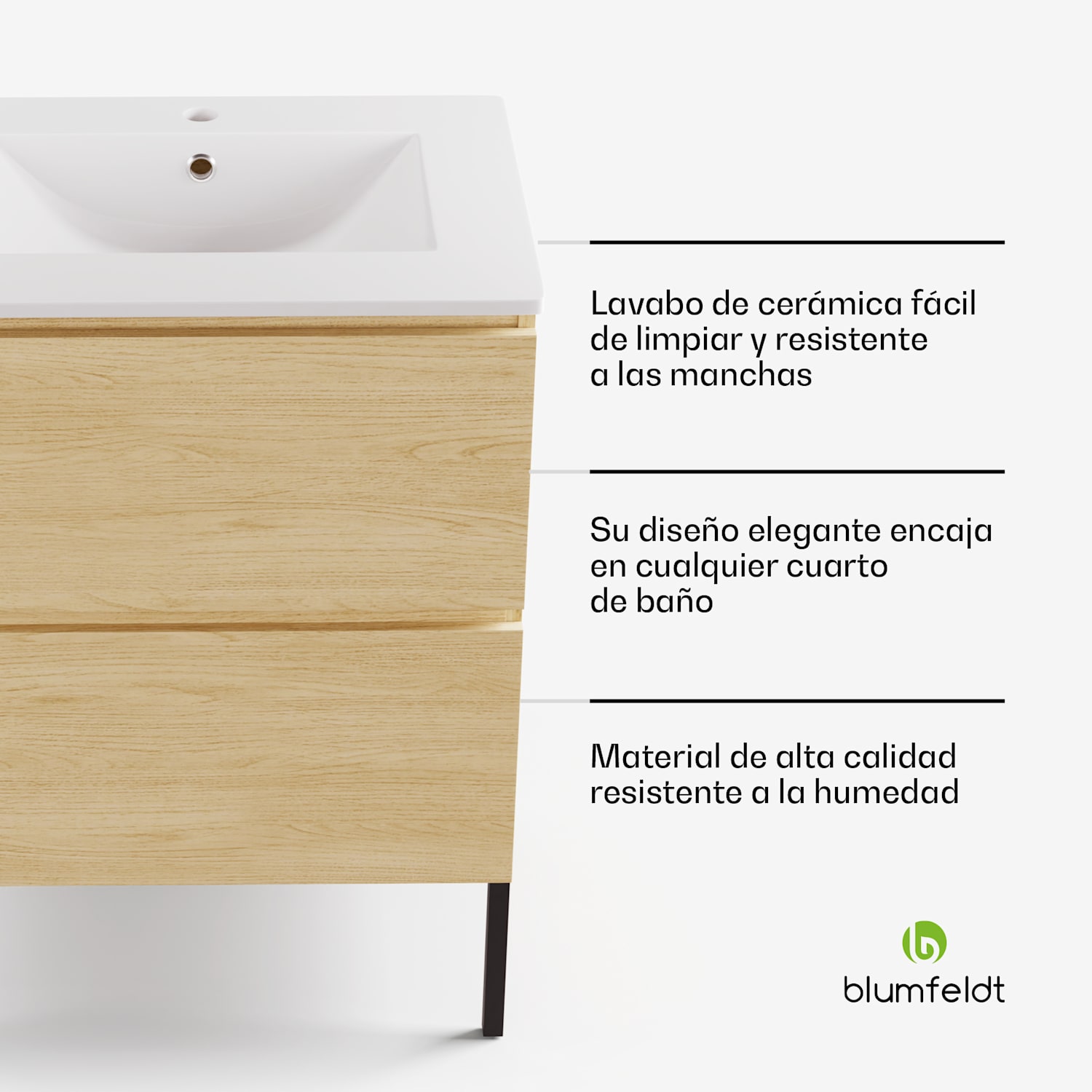 Johnstone Mueble de baño Mueble para baño Armario de baño 60 cm con lavamanos cerámico Cierre suave 2 cajones Espacio de almacenamiento práctico Madera natural 60 cm