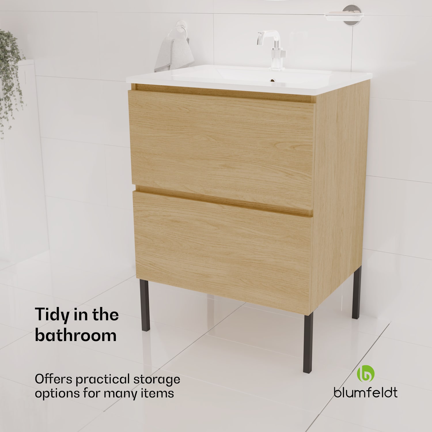 Johnstone washbasin bathroom cabinet 60 cm with ceramic sink soft-close function 2 drawers practical storage space natural wood 60 cm