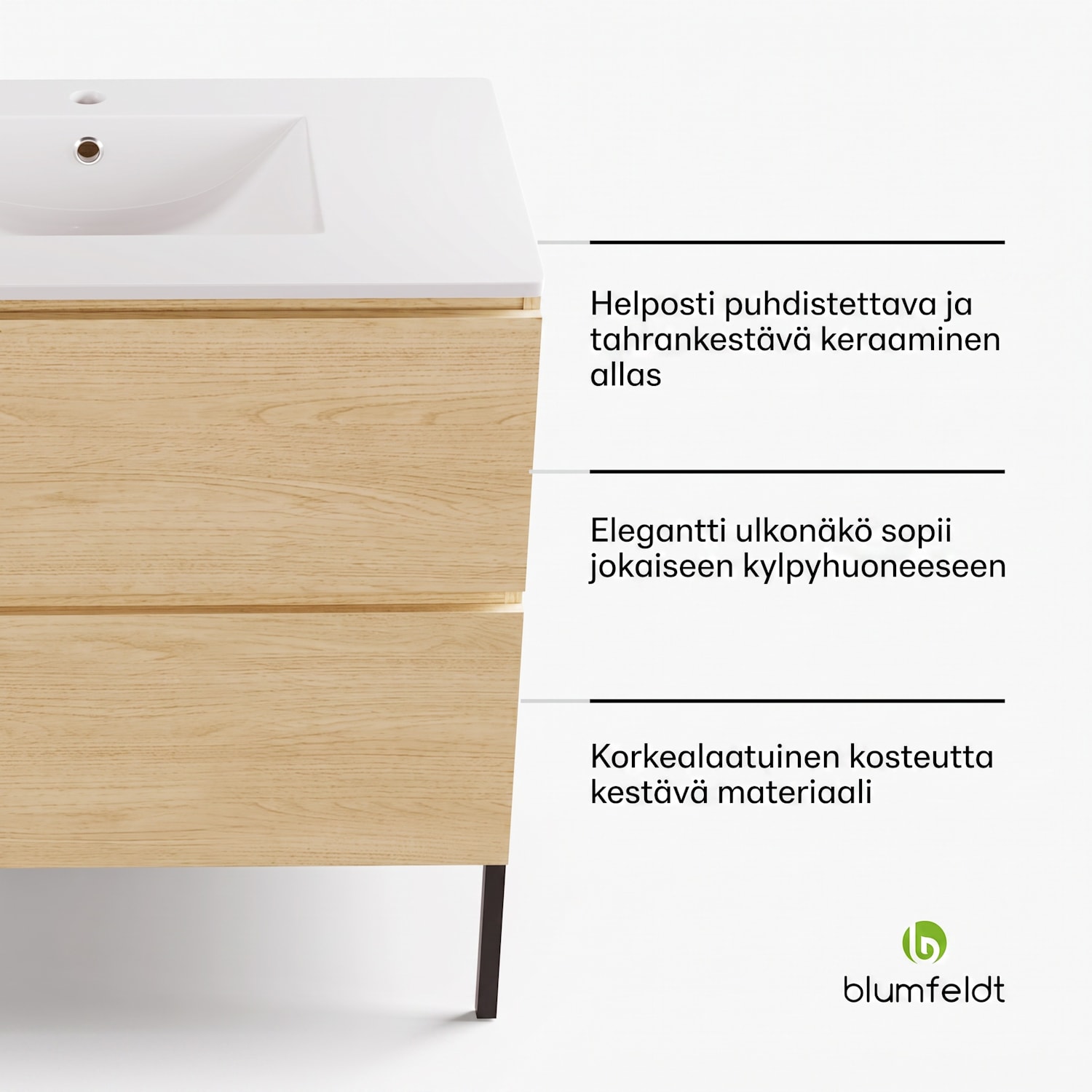 Johnstone allaskaappi kylpyhuoneen kaappi kylpyhuonekaappi 80 cm keraaminen allas Soft Close -toiminto 2 laatikkoa käytännöllistä säilytystilaa luonnonpuu 80 cm
