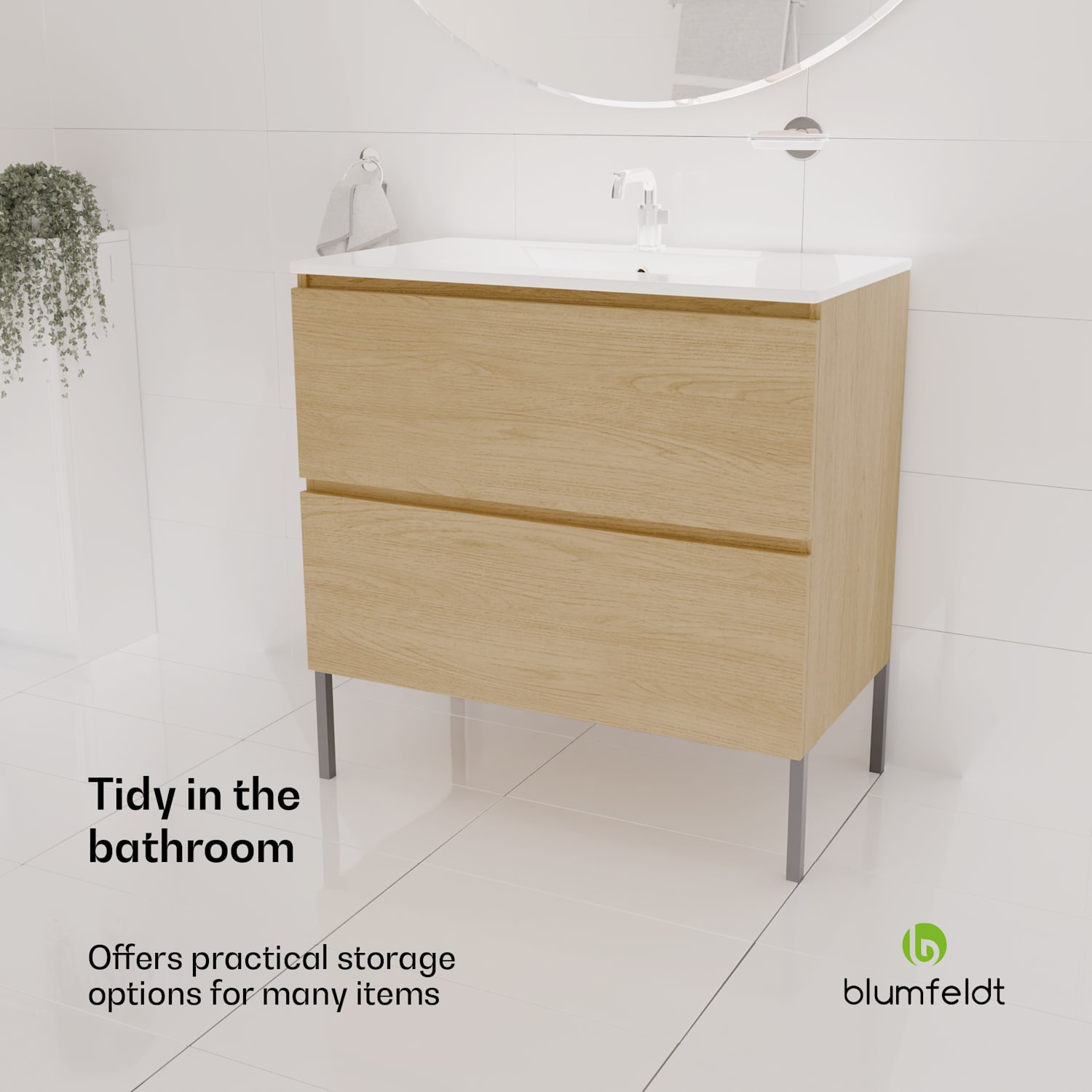 Johnstone washbasin bathroom cabinet 80 cm with ceramic sink soft-close function 2 drawers practical storage space natural wood 80cm