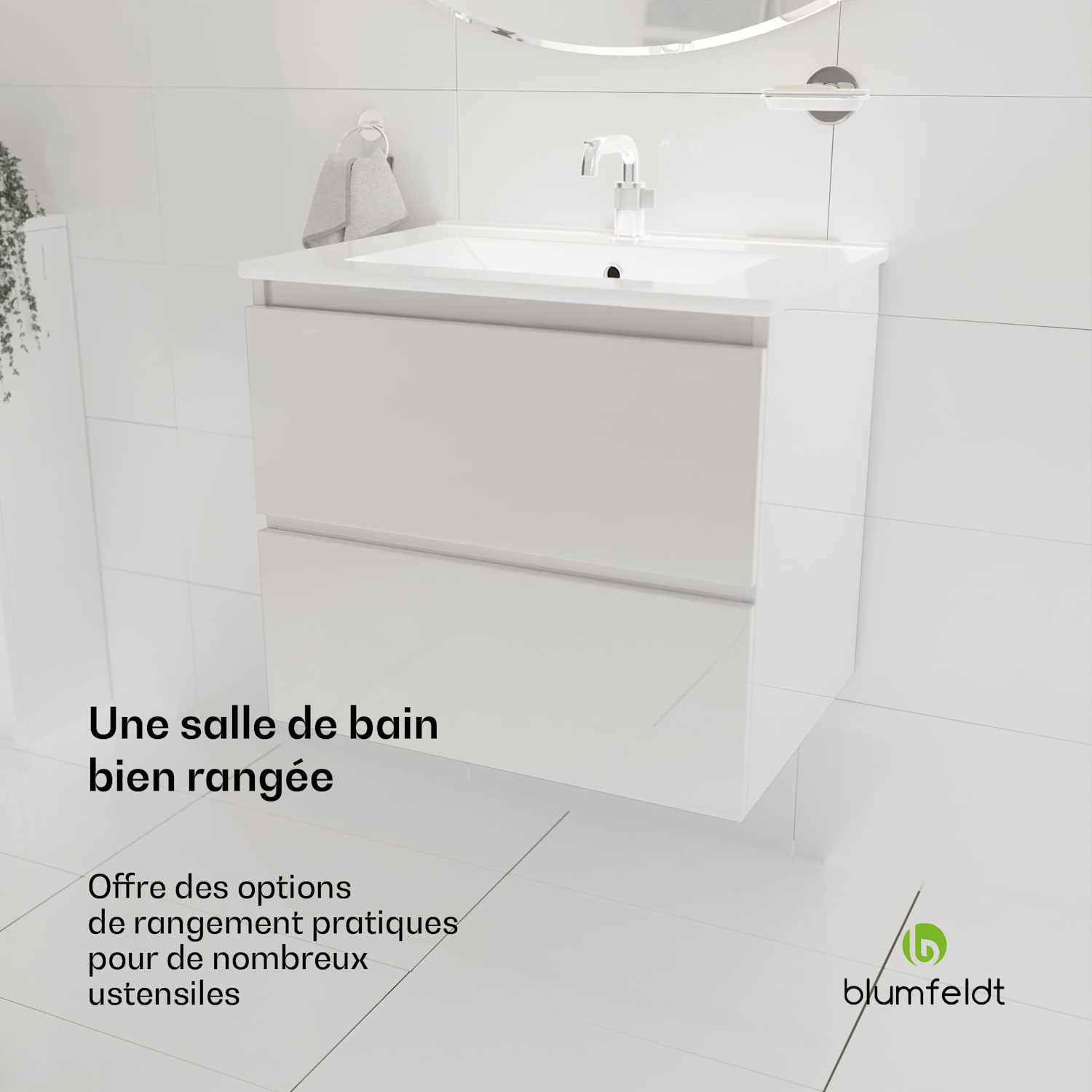Johnstone Meuble de salle de bain lavabo meuble de salle de bain 60 cm avec lavabo en céramique fonction fermeture douce 2 tiroirs rangement pratique brillant 60 cm | Blanc