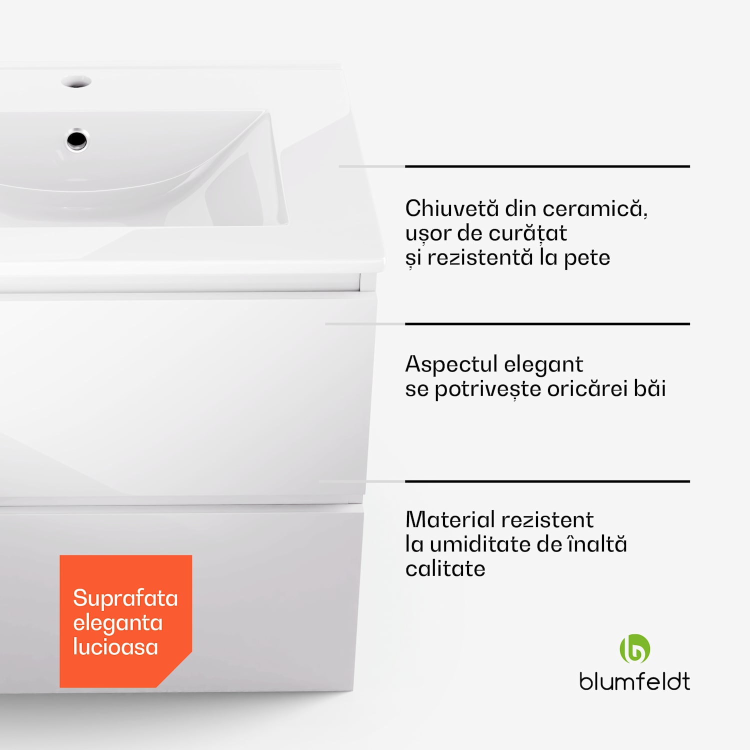 Johnstone, chiuvetă și dulap pentru baie, 60 cm, chiuveta ceramica, inchidere Soft-Close 60 cm | Alb