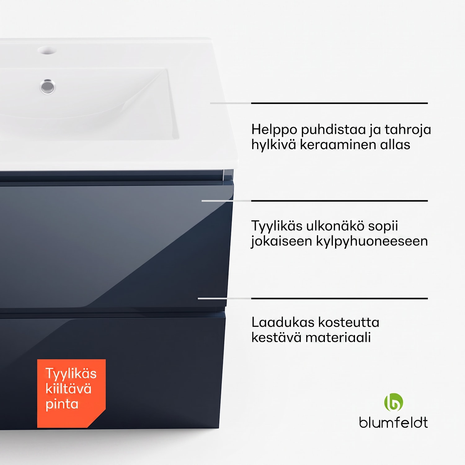 Johnstone allaskaappi kylpyhuoneeseen kylpyhuonekaappi 60 cm keraaminen allas Soft Close -toiminto 2 laatikkoa käytännöllistä säilytystilaa korkeakiilto 60 cm | Antrasiitti