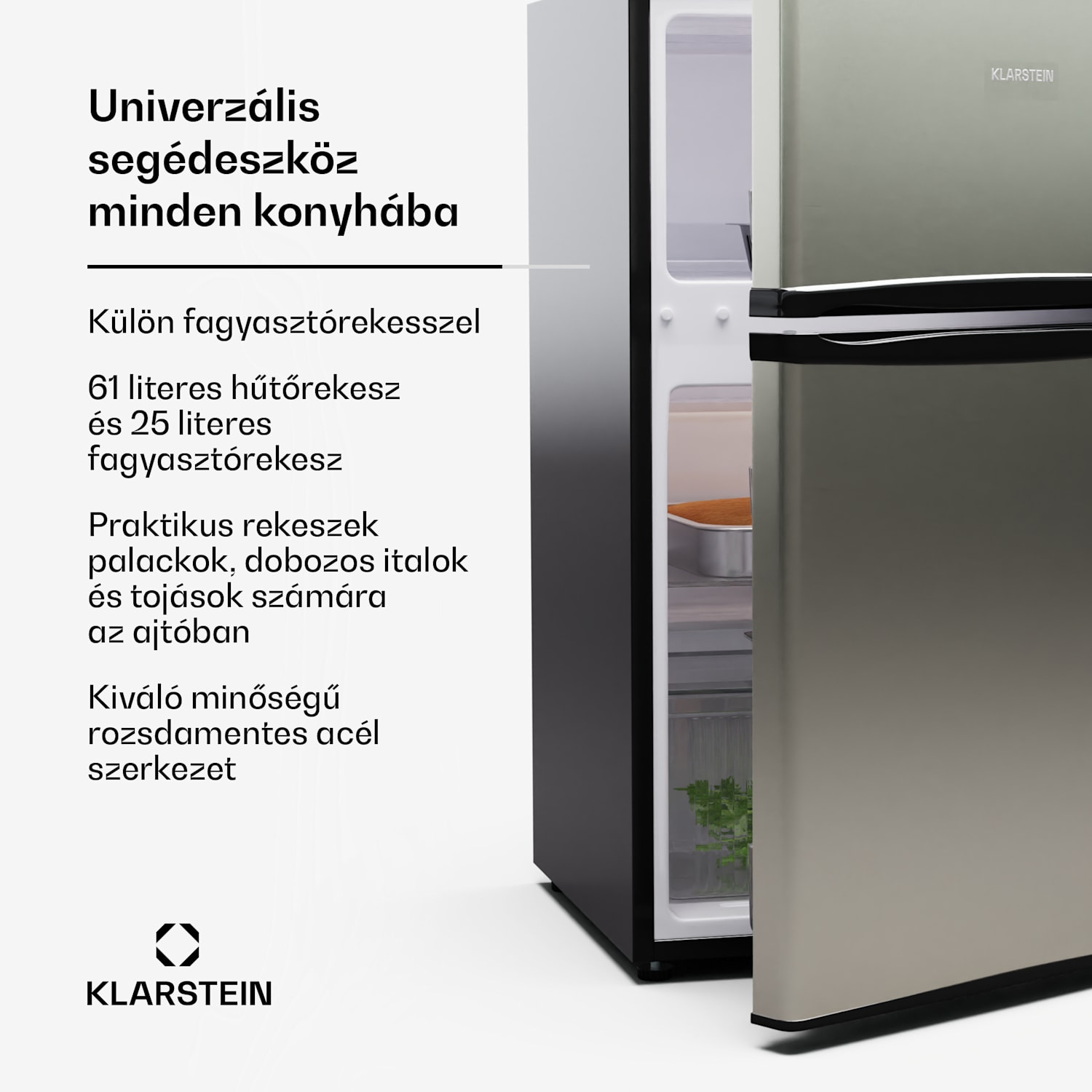 Big Daddy Cool, hűtő-fagyasztó, 61/25 l, 2 szint, rozsdamentes acél 