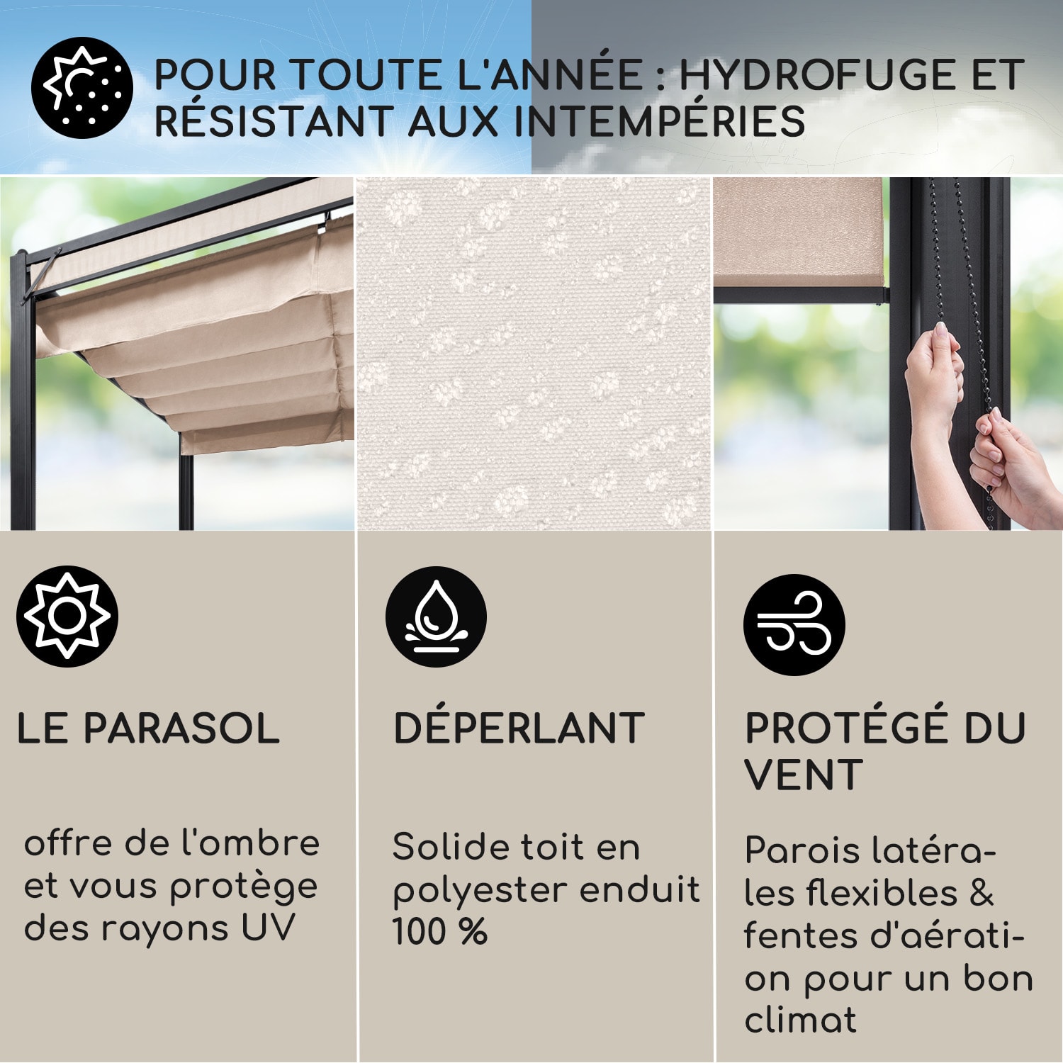Pantheon Cortina pavillon avec auvent 3x3 m 4 parties latérales beige 3 x 3 m | Anthracite | Sable