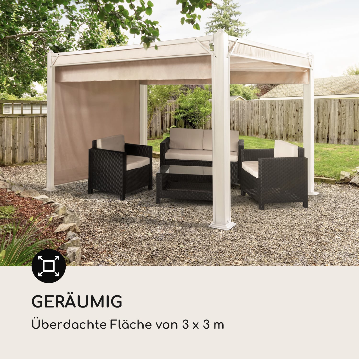 Pantheon Cortina Pavillon mit Dach 3x3m 4 Seitenteile 3 x 3 m | Weiß / Sand