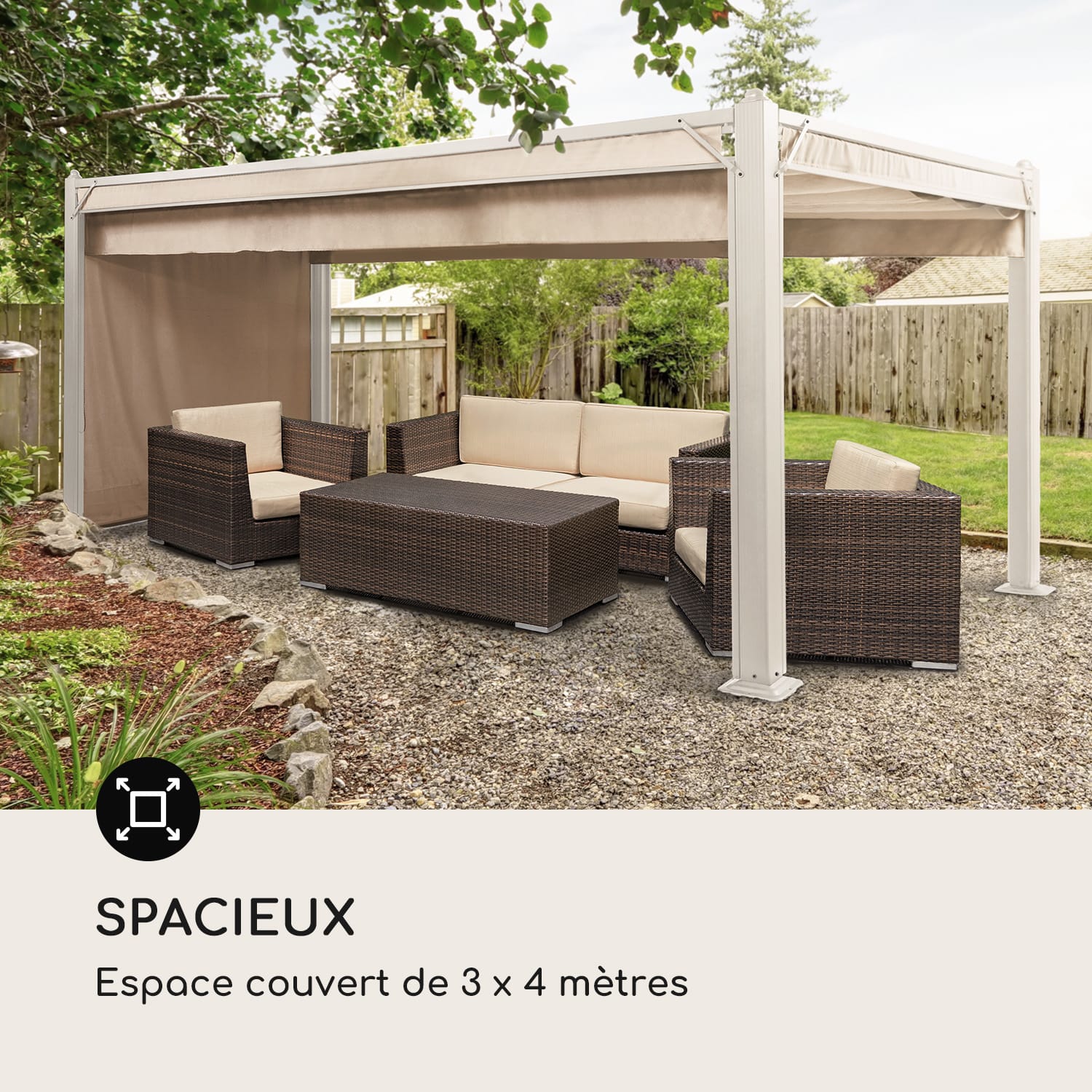 Pantheon Cortina, pavillon avec toit, 3 x 4 m, 4 panneaux latéraux 3 x 4 m | Blanc / Sable
