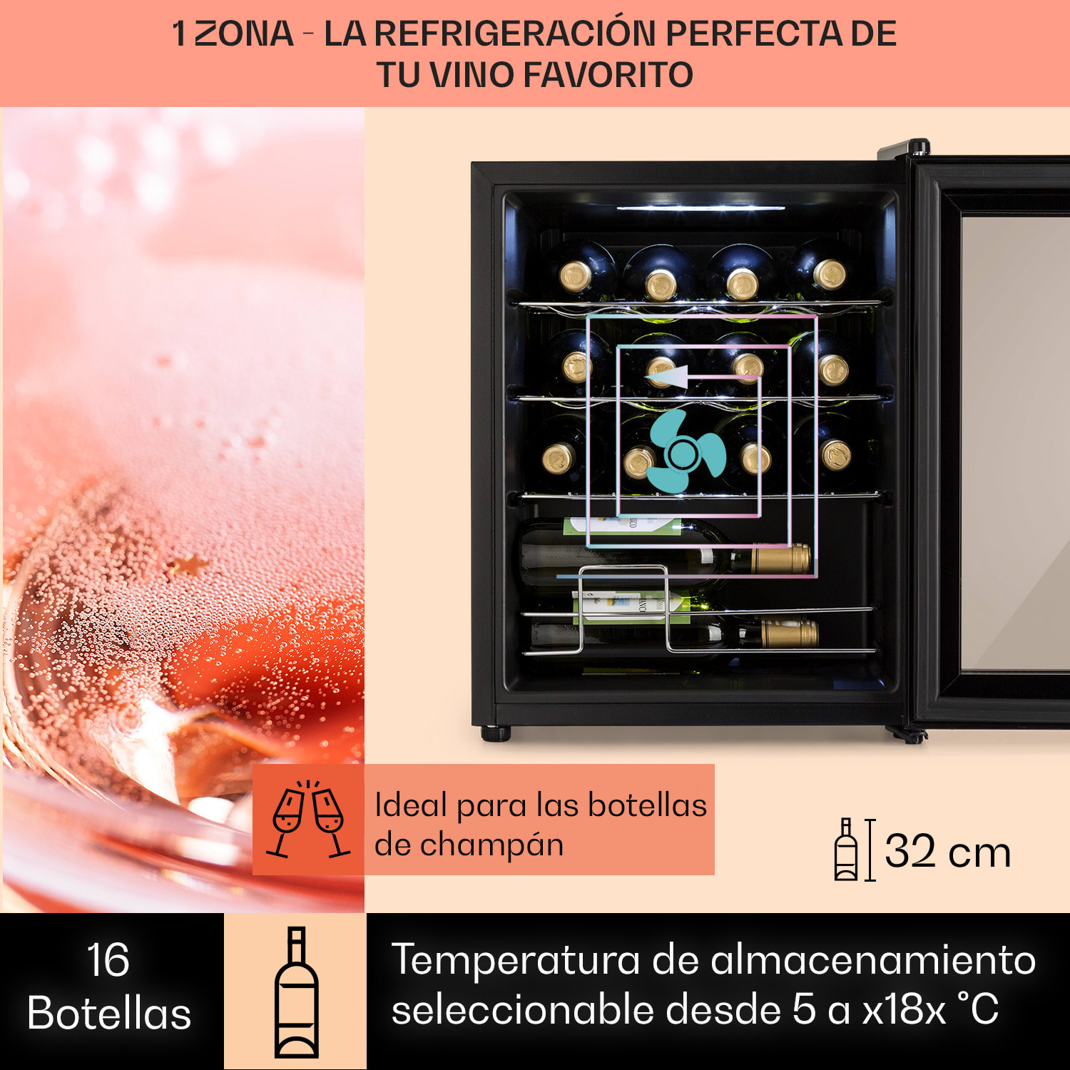 Shiraz 16 Uno Vinoteca 42l Panel de control táctil 131 W 5-18 °C 16 botellas | 1 zona de refrigeración | Negro