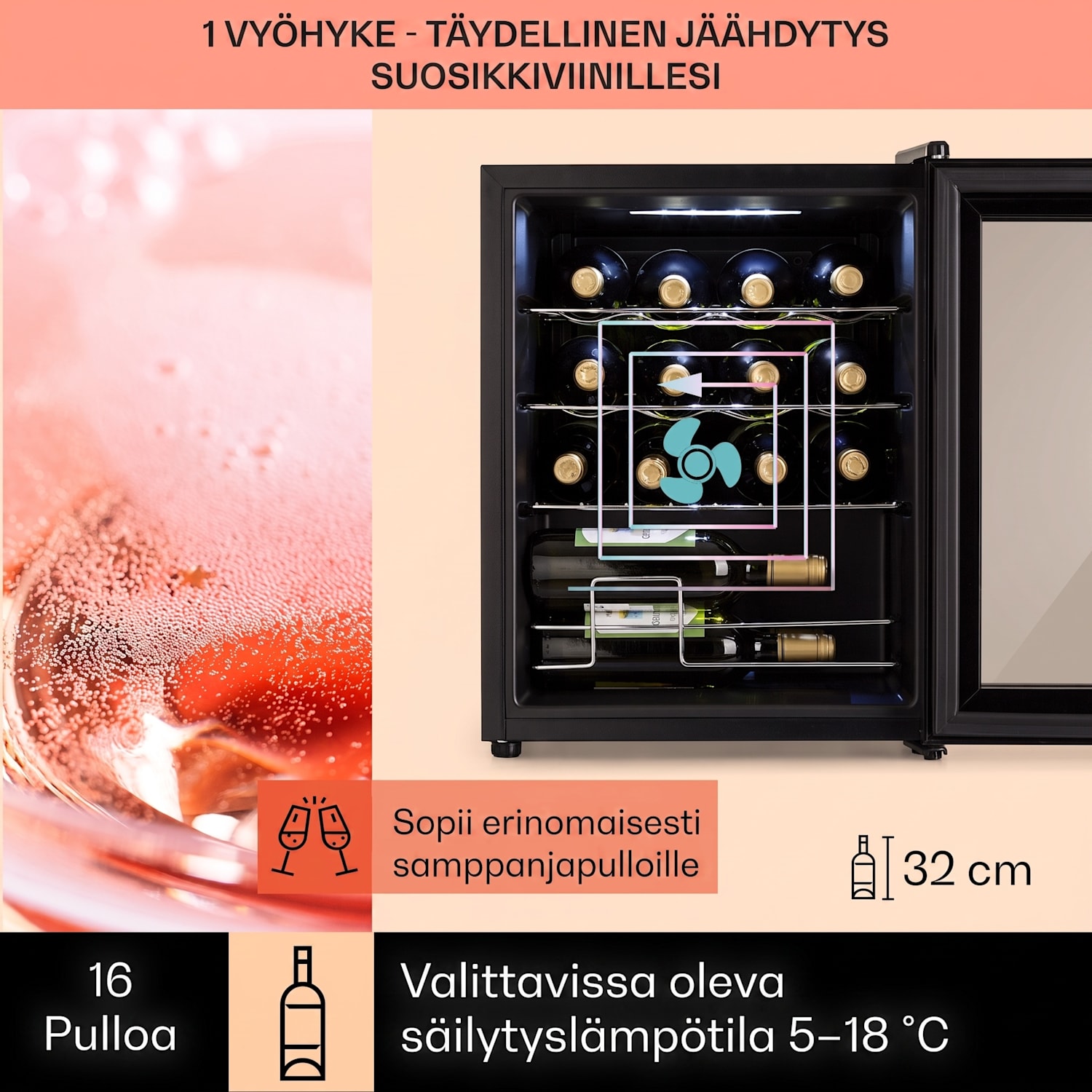 Shiraz 16 Uno viinikaappi 42 l kosketuspaneeli 131 W 5-18 °C 16 pulloa | 1 jäähdytysalue | Musta