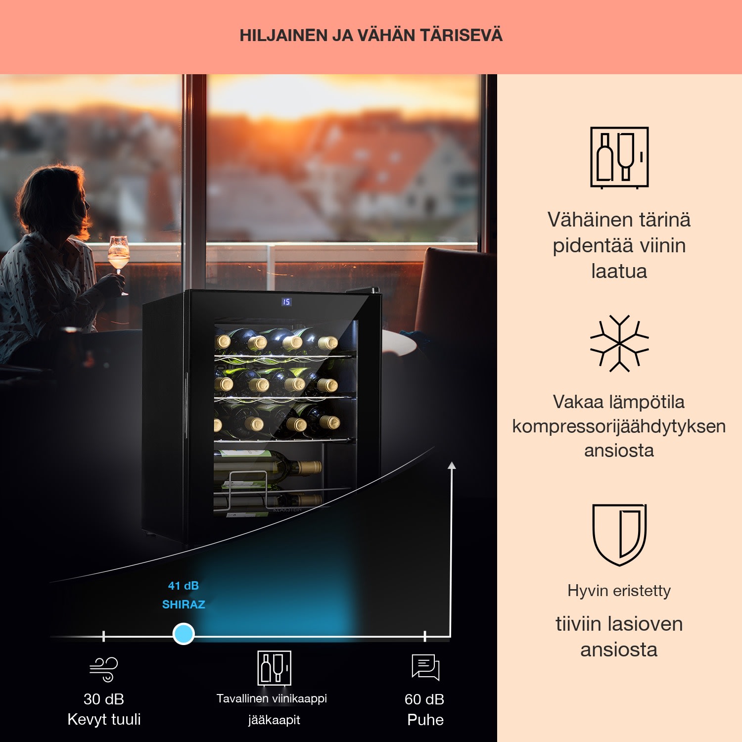 Shiraz 16 Uno viinikaappi 42 l kosketuspaneeli 131 W 5-18 °C 16 pulloa | 1 jäähdytysalue | Musta