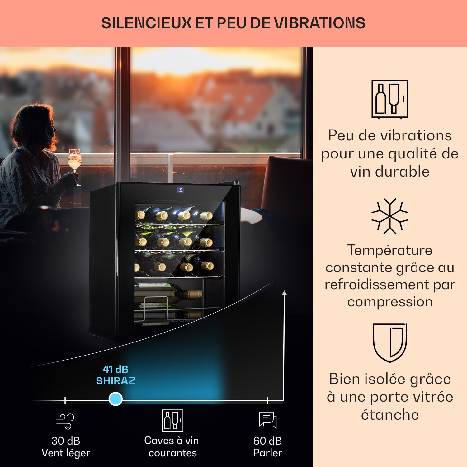 Shiraz 16 Uno wijnkoelkast 42l Touch bedieningspaneel 131W 5-18°C 16 flessen | 1 koelzone | Zwart
