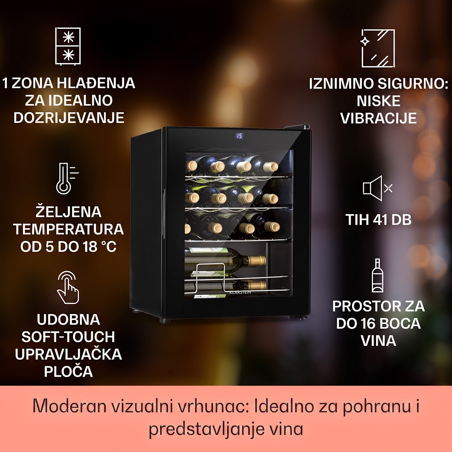 Shiraz, vinoteka, 42 l, upravljačka ploča osjetljiva na dodir, 131 W, 5 - 18 ° C, crna 16 boca | 1 | Crna