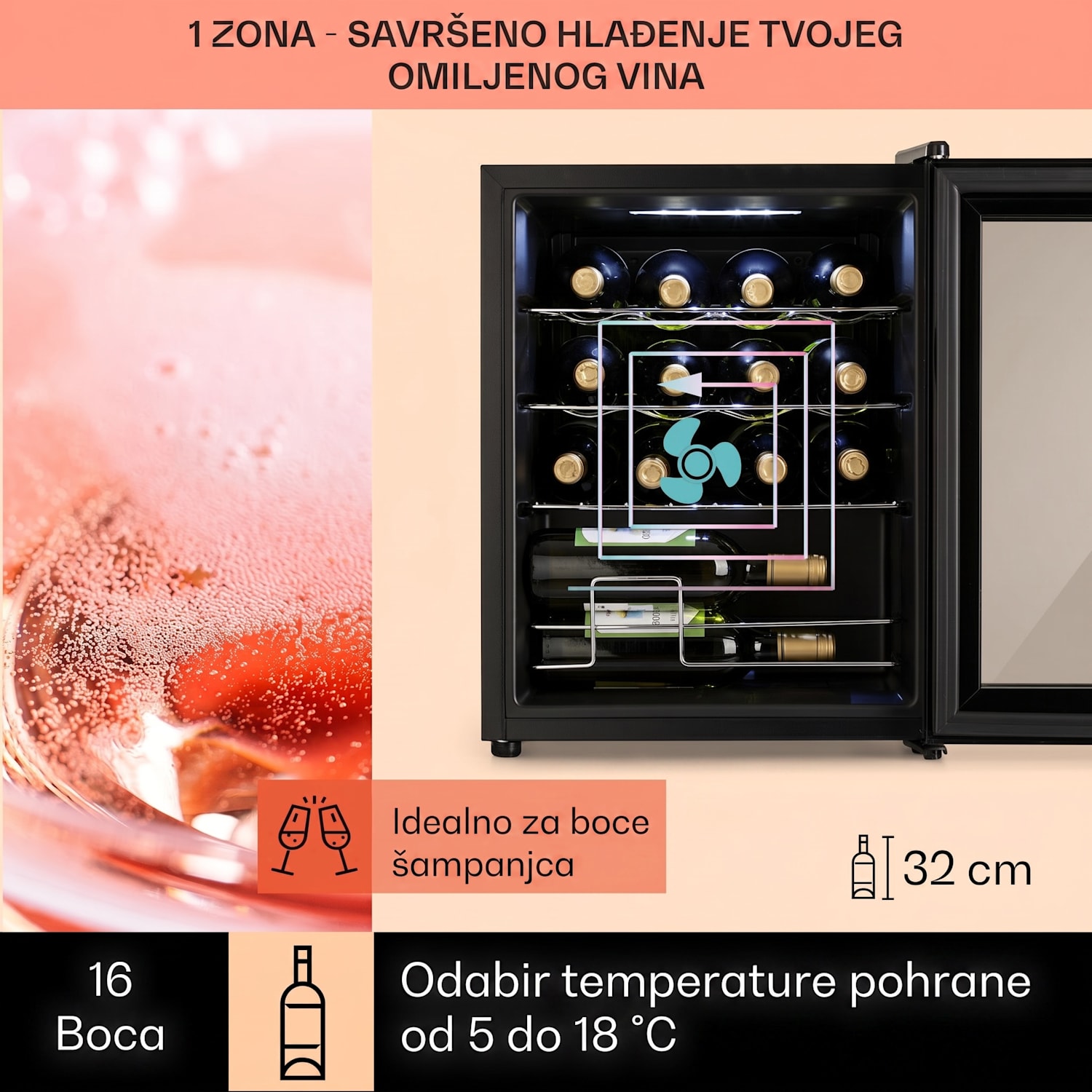 Shiraz, vinoteka, 42 l, upravljačka ploča osjetljiva na dodir, 131 W, 5 - 18 ° C, crna 16 boca | 1 | Crna