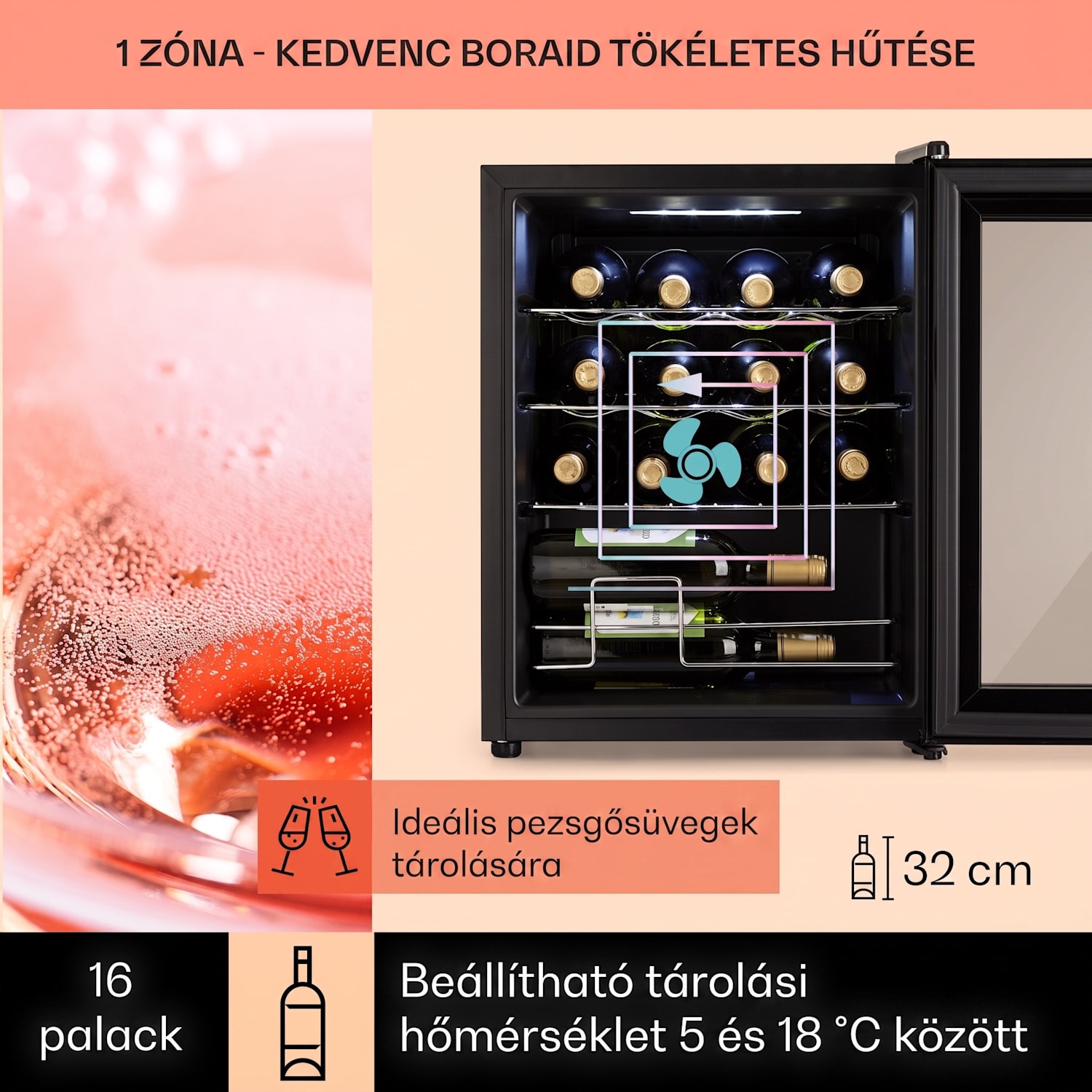 Shiraz, borhűtő, 42 liter, 131 W, 5 - 18 °C, érintőképernyős vezérlőpanel, fekete 16 palack | 1 hűtőzóna | Fekete