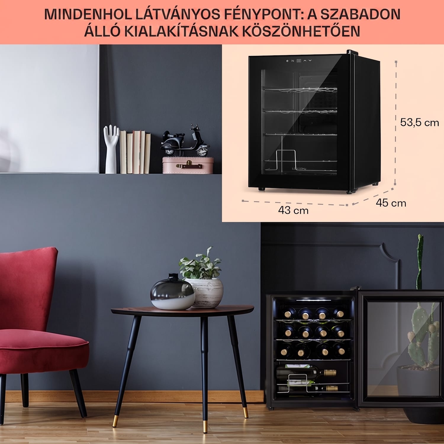Shiraz, borhűtő, 42 liter, 131 W, 5 - 18 °C, érintőképernyős vezérlőpanel, fekete 16 palack | 1 hűtőzóna | Fekete